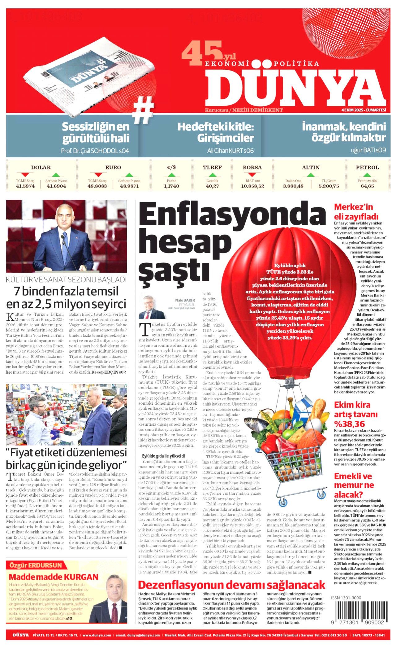 DÜNYA gazetesinin 4 Ekim 2025 tarihli birinci sayfası
