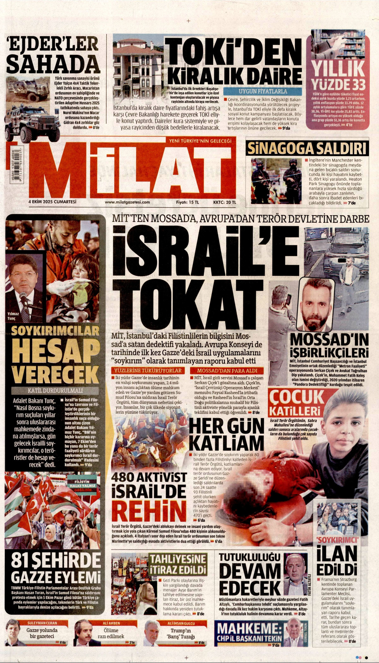 MİLAT gazetesinin 4 Ekim 2025 tarihli birinci sayfası