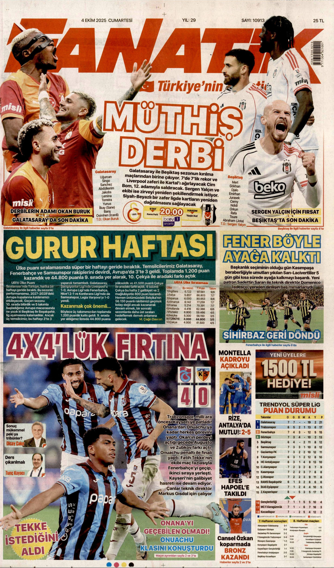 FANATİK gazetesinin 4 Ekim 2025 tarihli birinci sayfası
