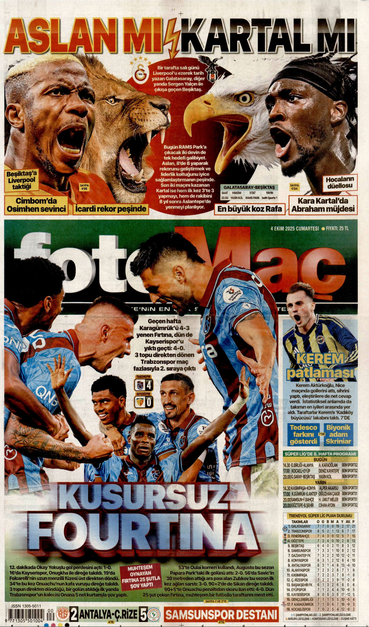 FOTOMAÇ gazetesinin 4 Ekim 2025 tarihli birinci sayfası