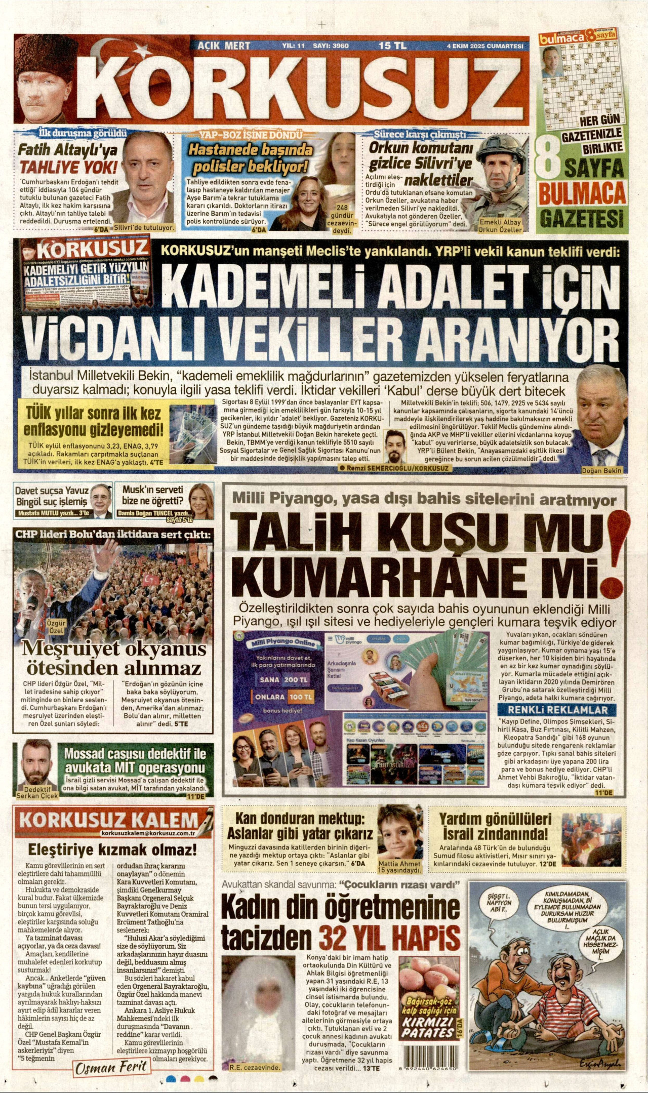 KORKUSUZ gazetesinin 4 Ekim 2025 tarihli birinci sayfası