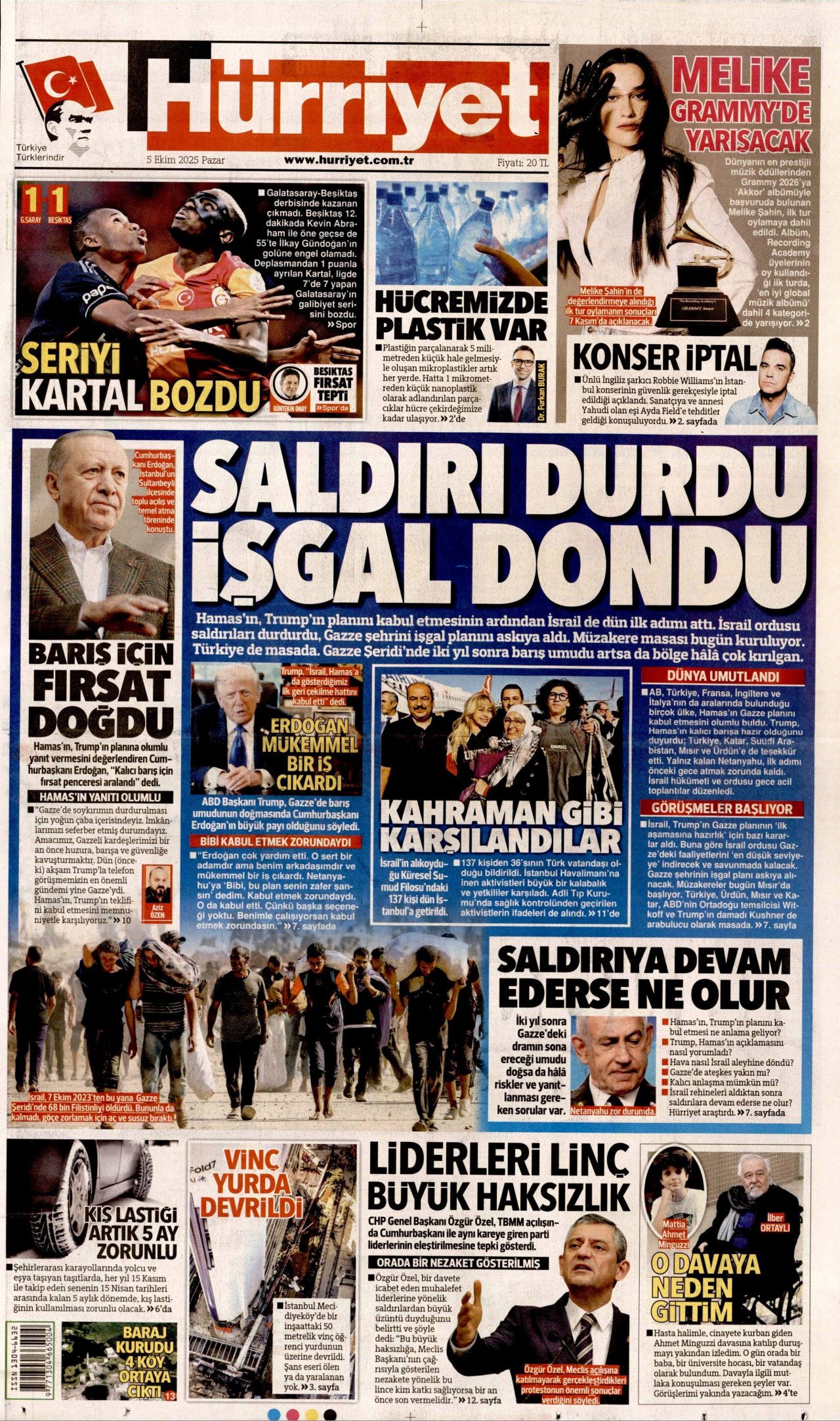 HÜRRİYET gazetesinin 5 Ekim 2025 tarihli birinci sayfası