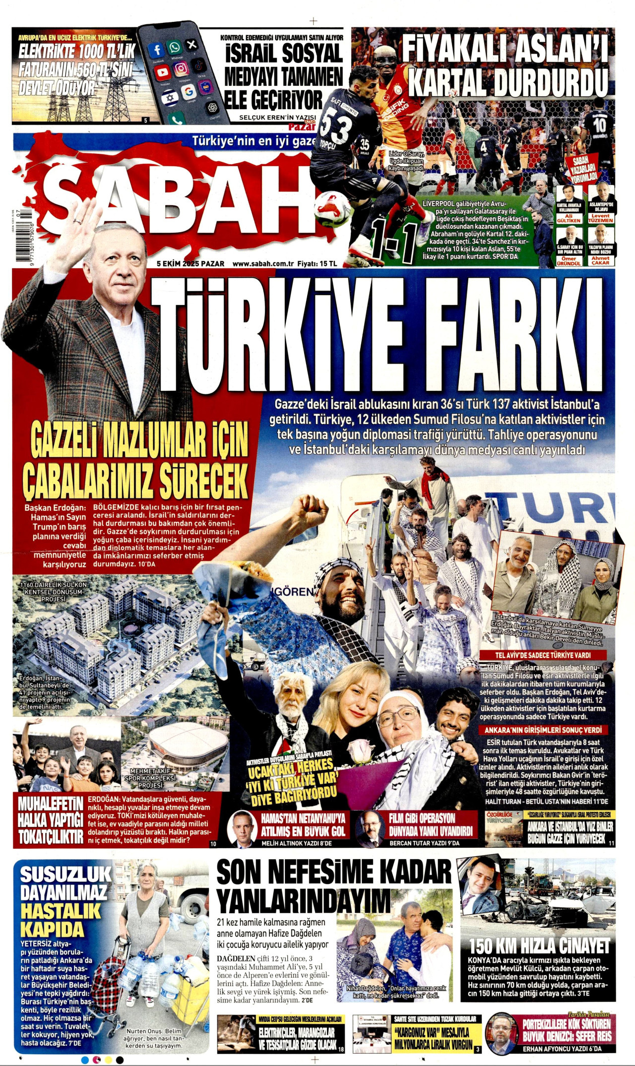 SABAH gazetesinin 5 Ekim 2025 tarihli birinci sayfası