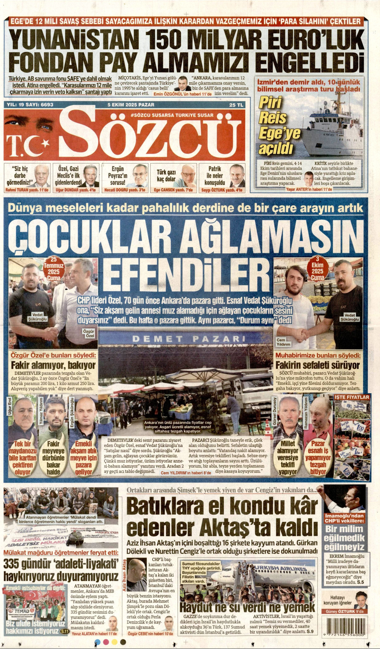 SÖZCÜ gazetesinin 5 Ekim 2025 tarihli birinci sayfası