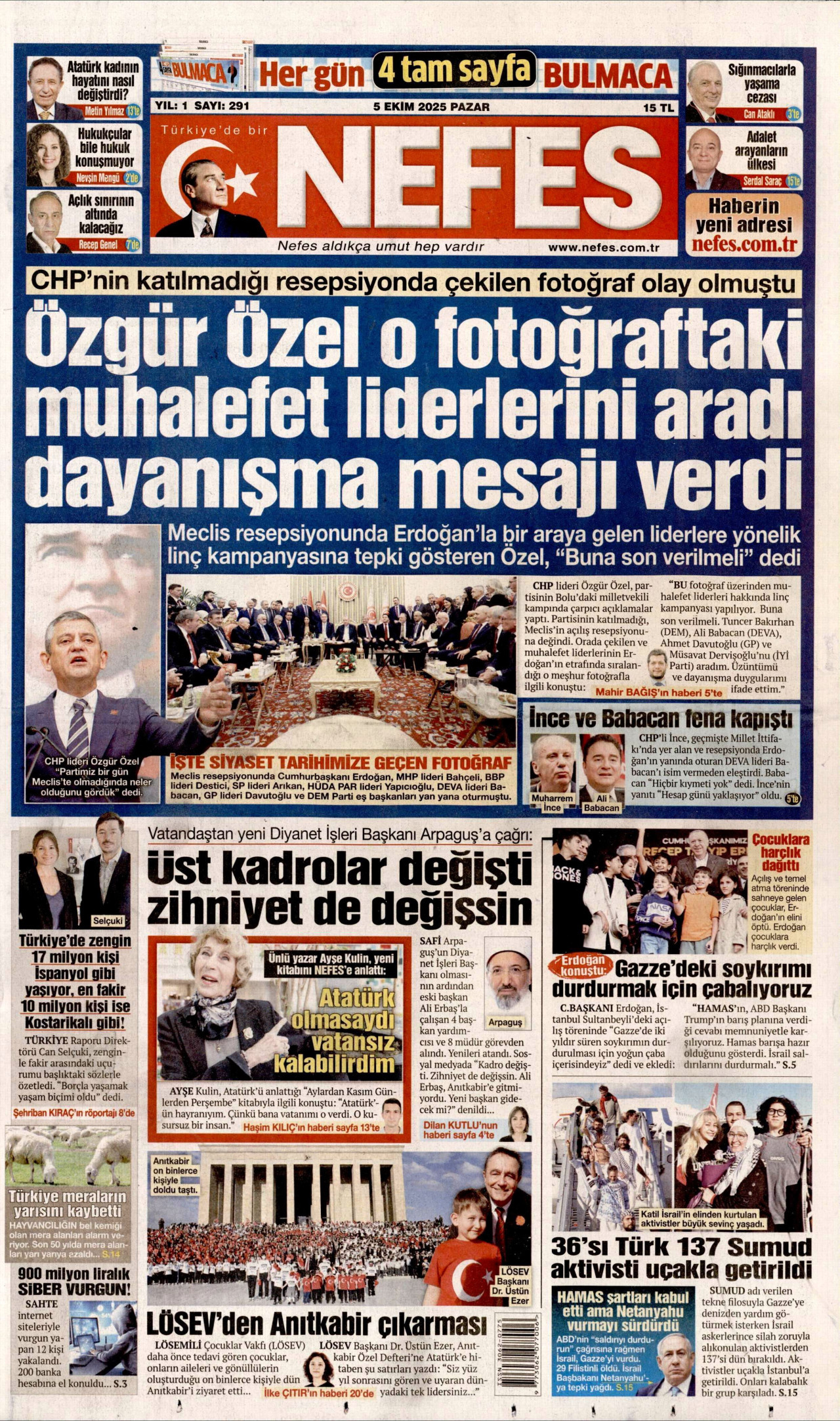 NEFES gazetesinin 5 Ekim 2025 tarihli birinci sayfası