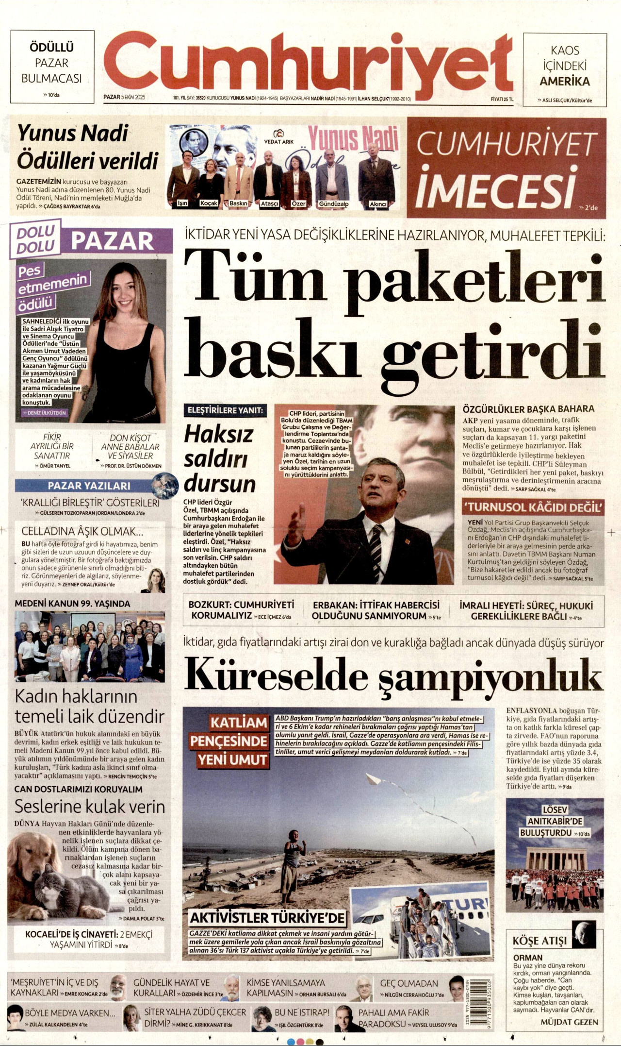 CUMHURİYET gazetesinin 5 Ekim 2025 tarihli birinci sayfası