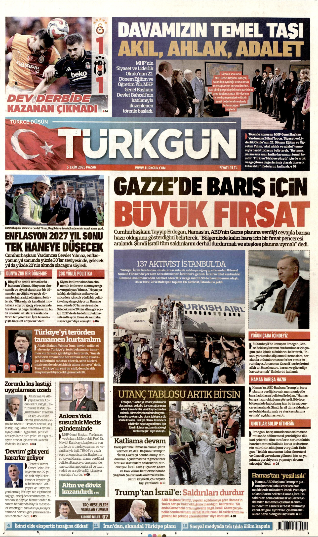 TÜRKGÜN gazetesinin 5 Ekim 2025 tarihli birinci sayfası