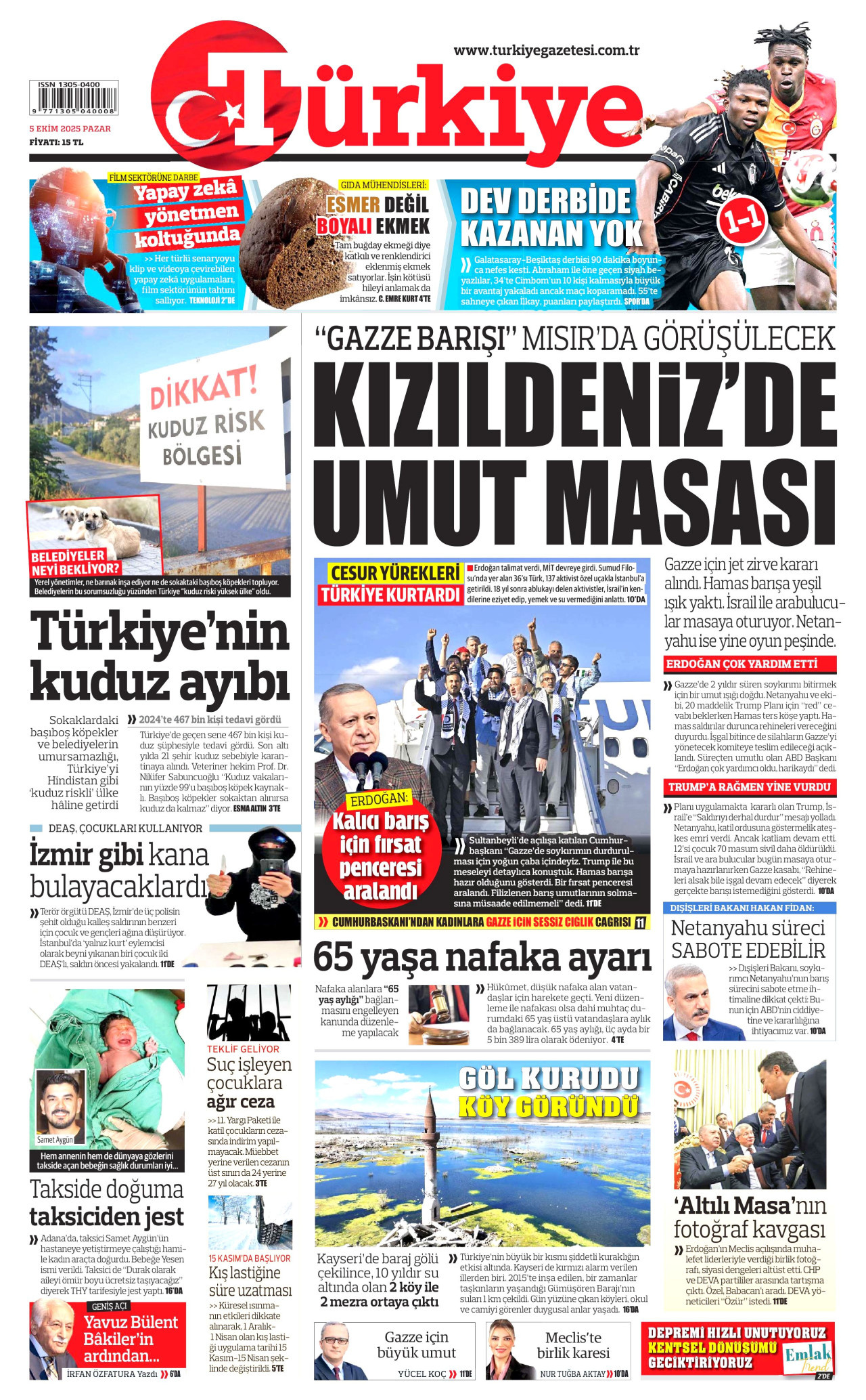 TÜRKİYE GAZETESİ gazetesinin 5 Ekim 2025 tarihli birinci sayfası