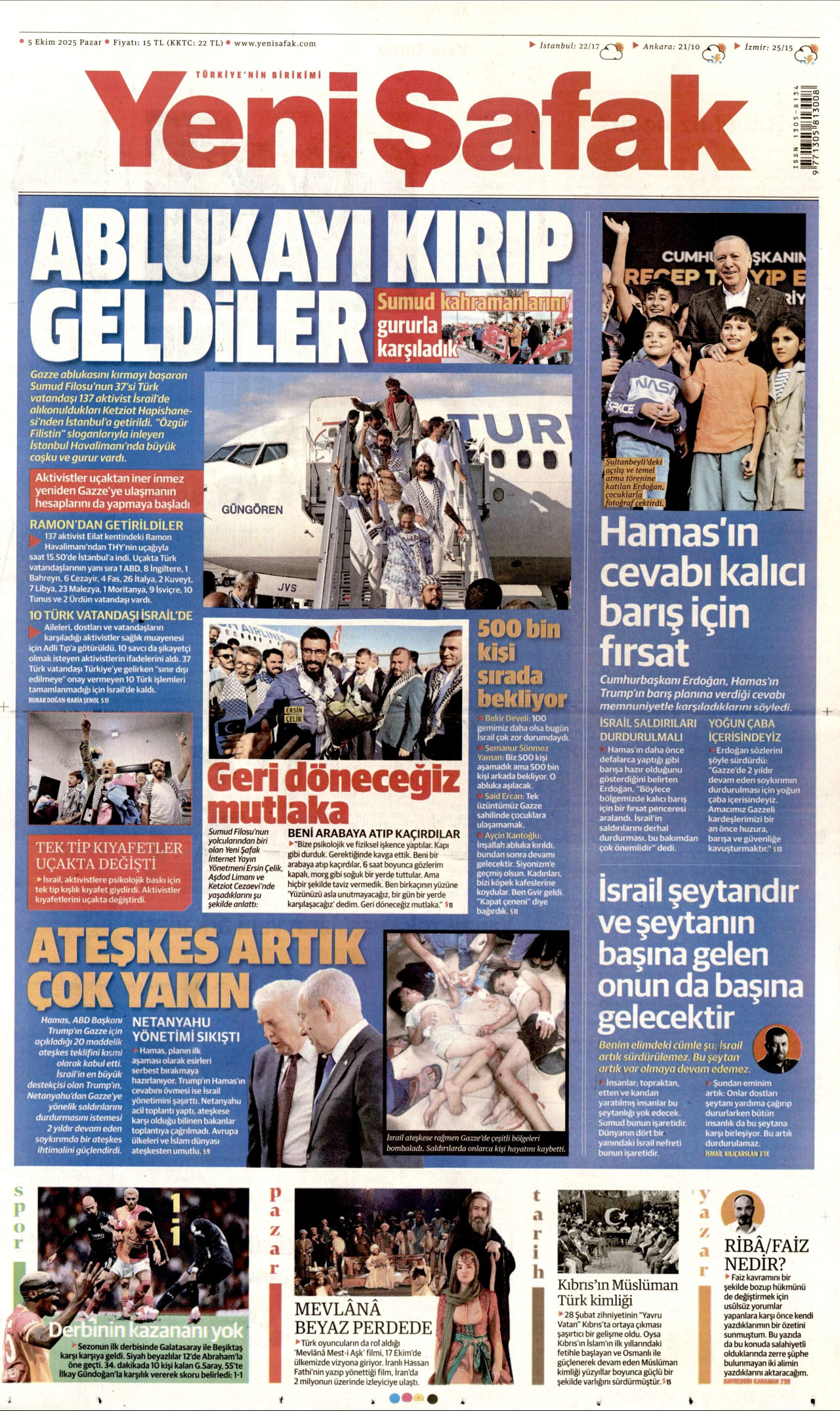 YENİ ŞAFAK gazetesinin 5 Ekim 2025 tarihli birinci sayfası