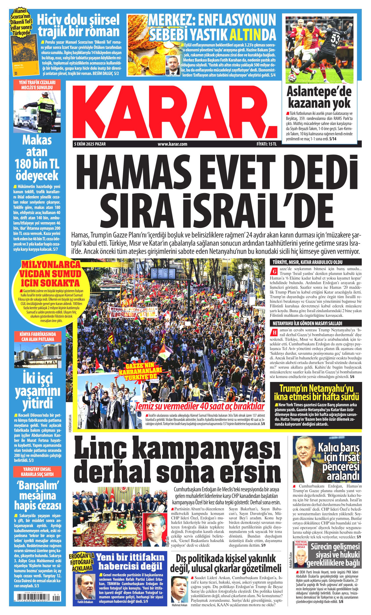 KARAR gazetesinin 5 Ekim 2025 tarihli birinci sayfası