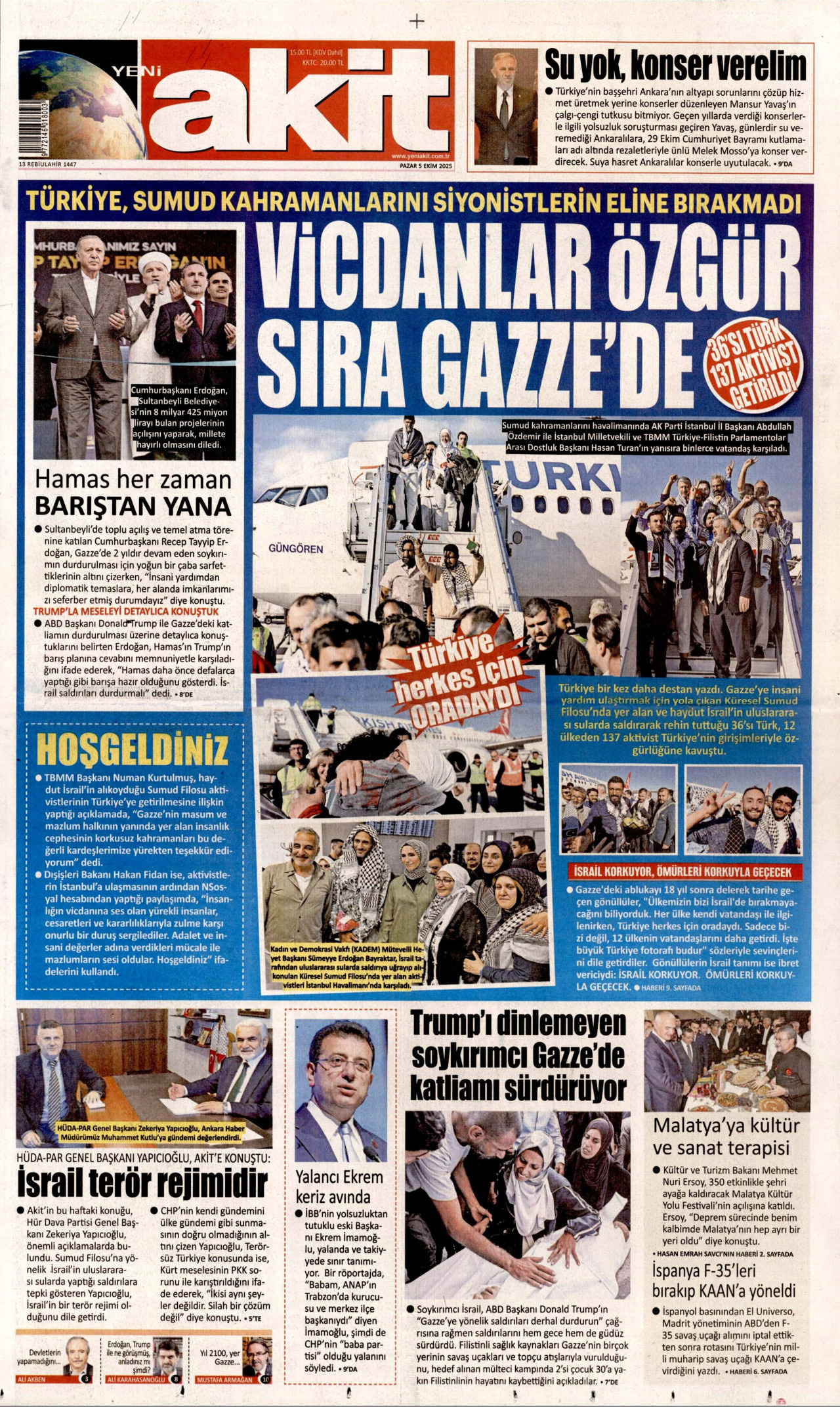 YENİ AKİT gazetesinin 5 Ekim 2025 tarihli birinci sayfası