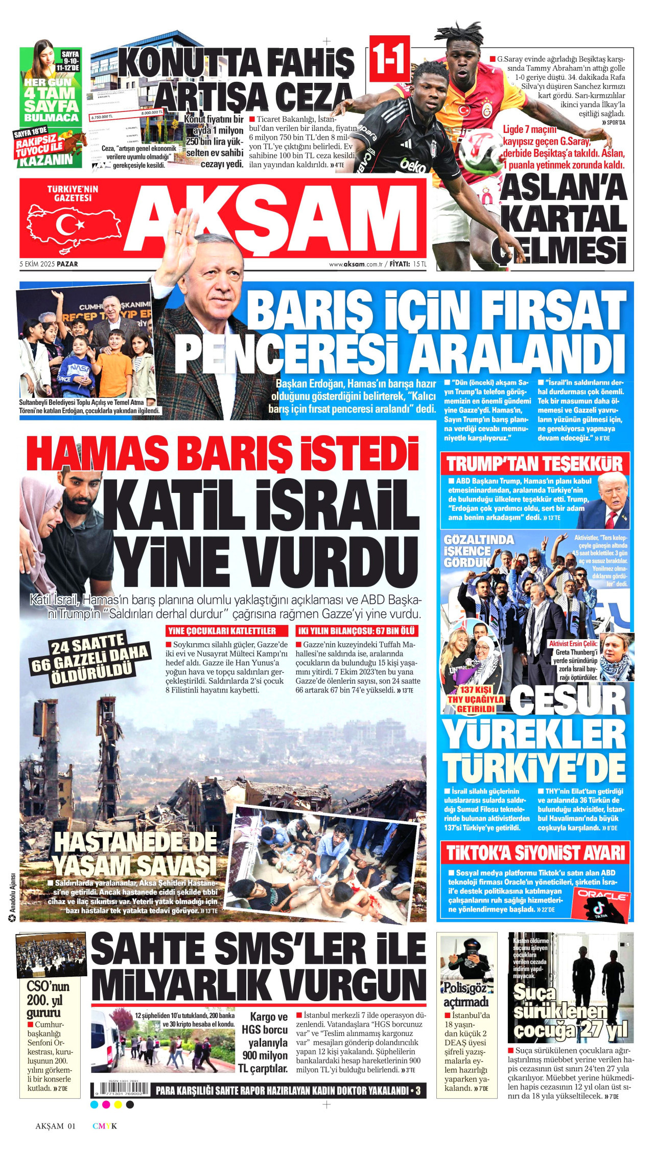 AKŞAM gazetesinin 5 Ekim 2025 tarihli birinci sayfası