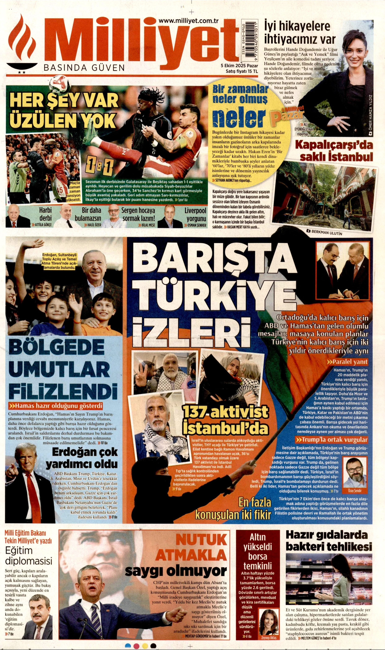 MİLLİYET gazetesinin 5 Ekim 2025 tarihli birinci sayfası