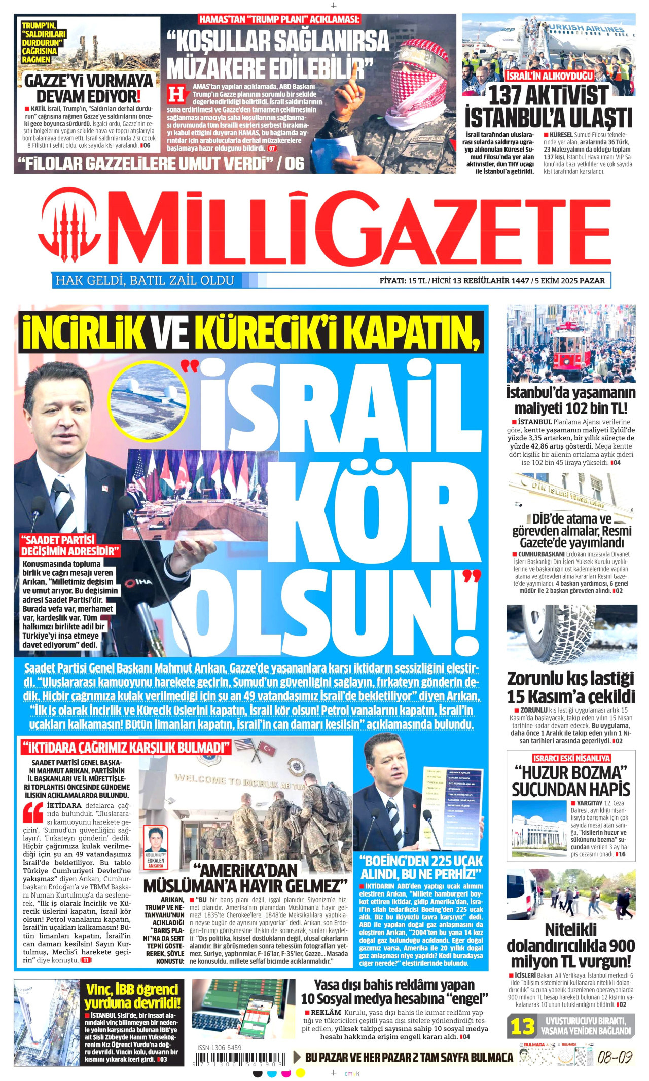 MİLLİ GAZETE gazetesinin 5 Ekim 2025 tarihli birinci sayfası