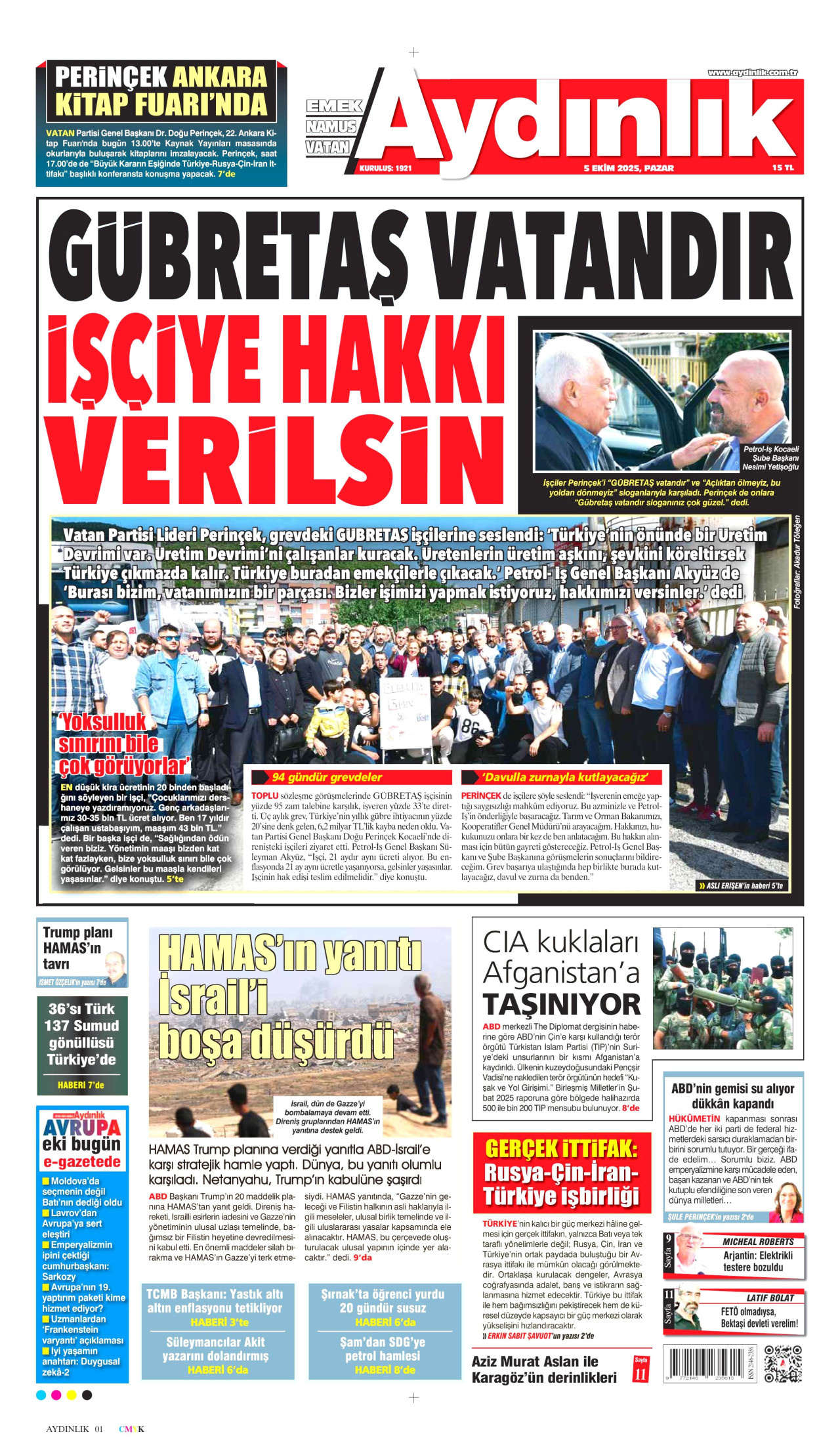 AYDINLIK GAZETESİ gazetesinin 5 Ekim 2025 tarihli birinci sayfası