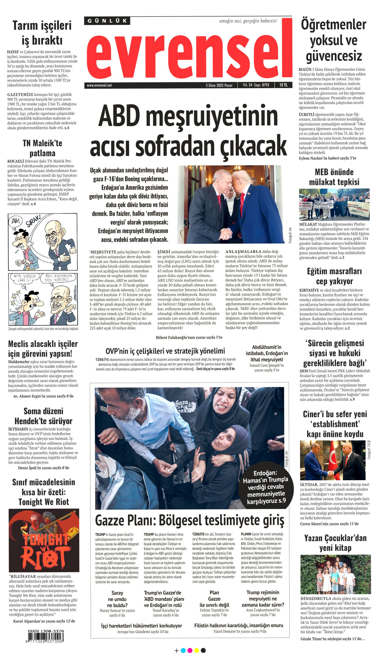 EVRENSEL gazetesinin 5 Ekim 2025 tarihli birinci sayfası