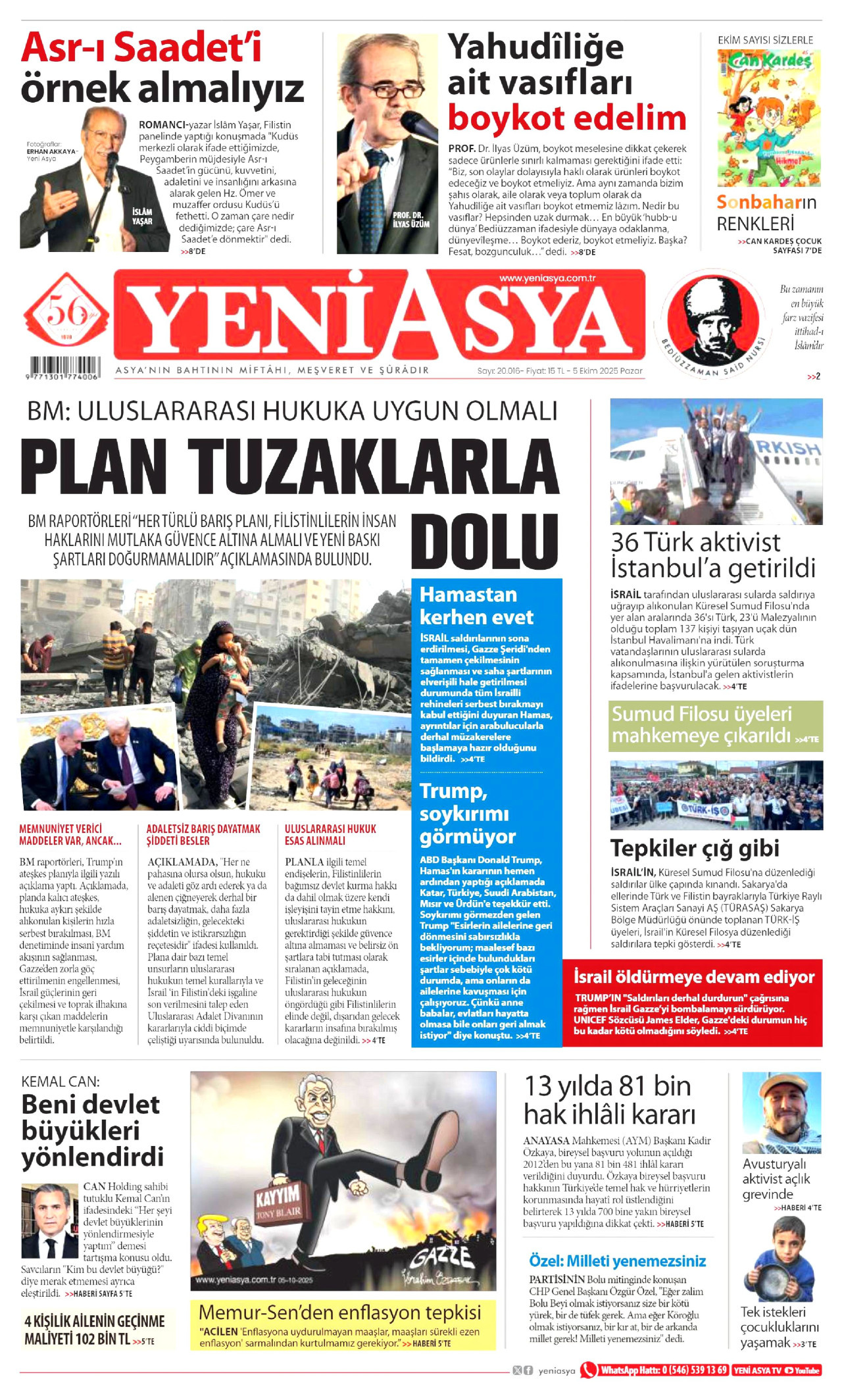 YENİ ASYA gazetesinin 5 Ekim 2025 tarihli birinci sayfası