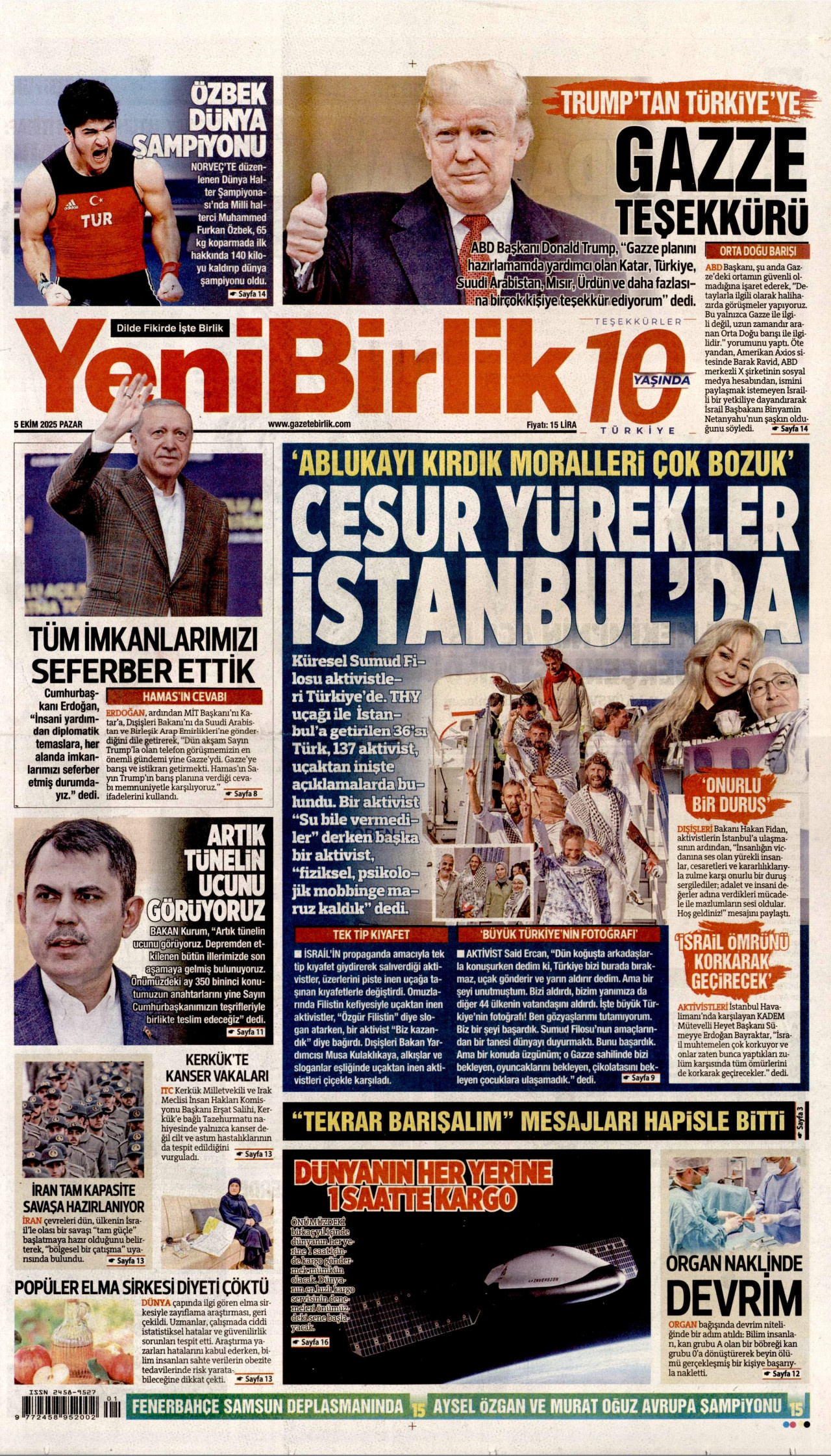 YENİBİRLİK gazetesinin 5 Ekim 2025 tarihli birinci sayfası