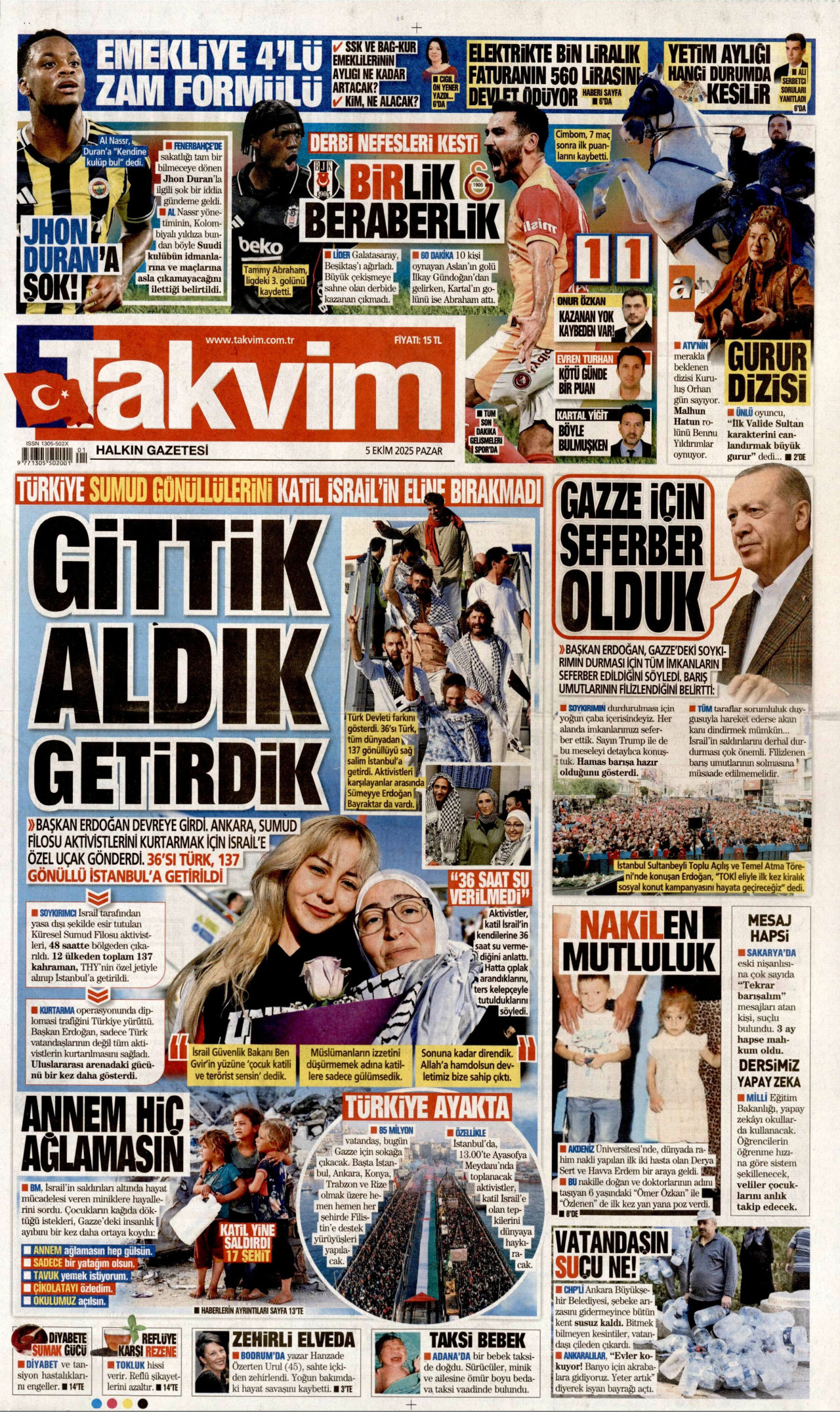 TAKVİM gazetesinin 5 Ekim 2025 tarihli birinci sayfası