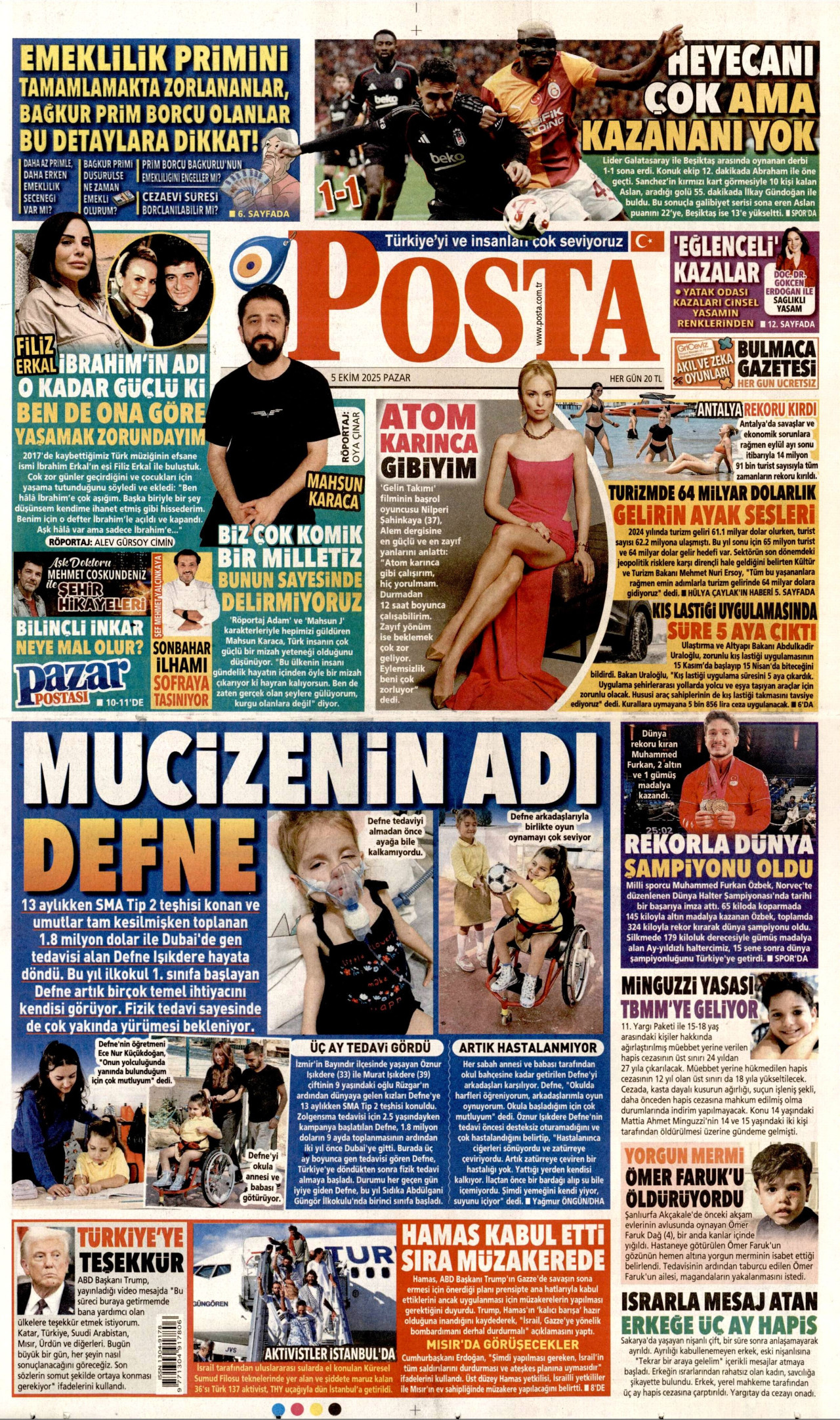 POSTA gazetesinin 5 Ekim 2025 tarihli birinci sayfası