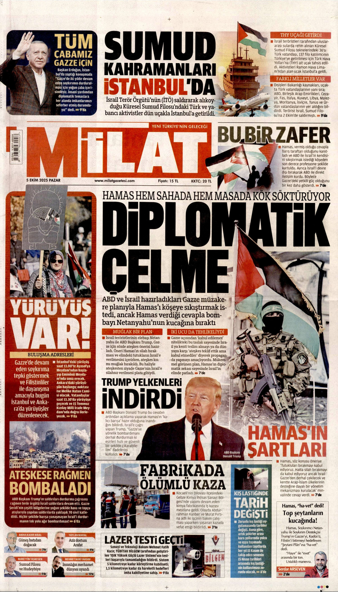 MİLAT gazetesinin 5 Ekim 2025 tarihli birinci sayfası
