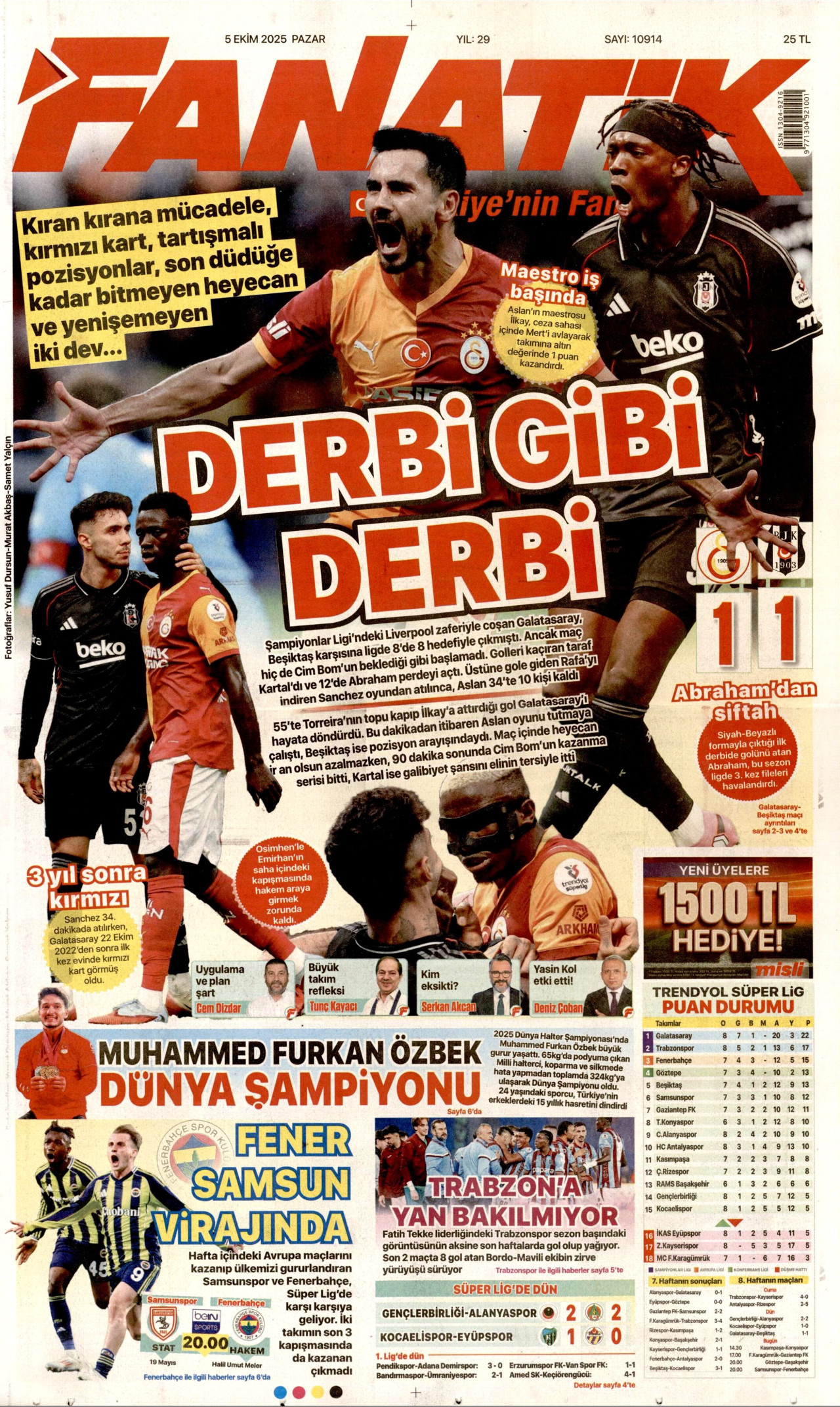 FANATİK gazetesinin 5 Ekim 2025 tarihli birinci sayfası