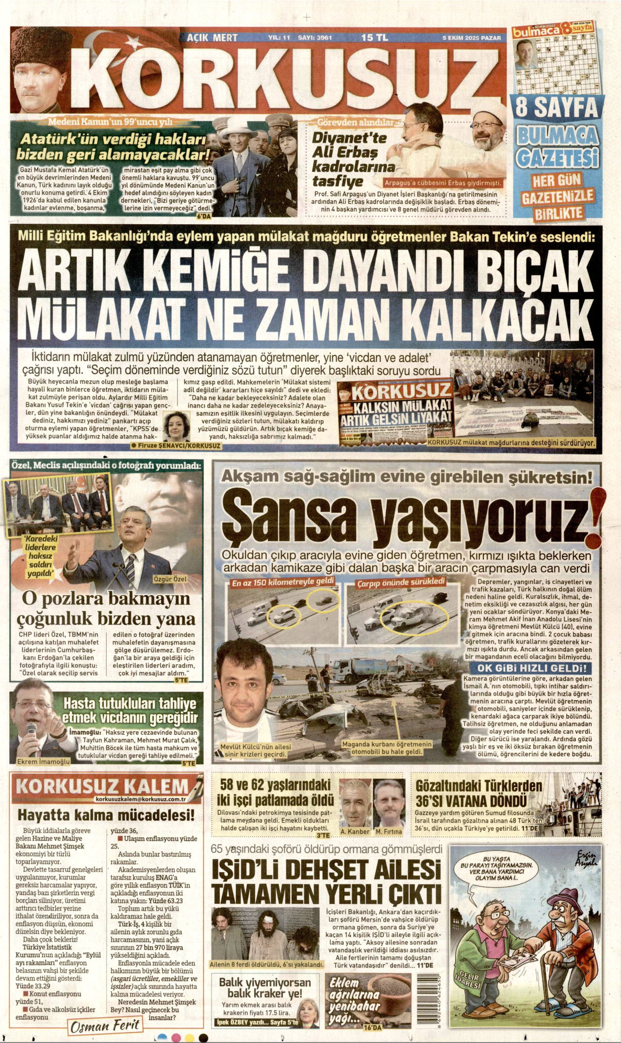 KORKUSUZ gazetesinin 5 Ekim 2025 tarihli birinci sayfası