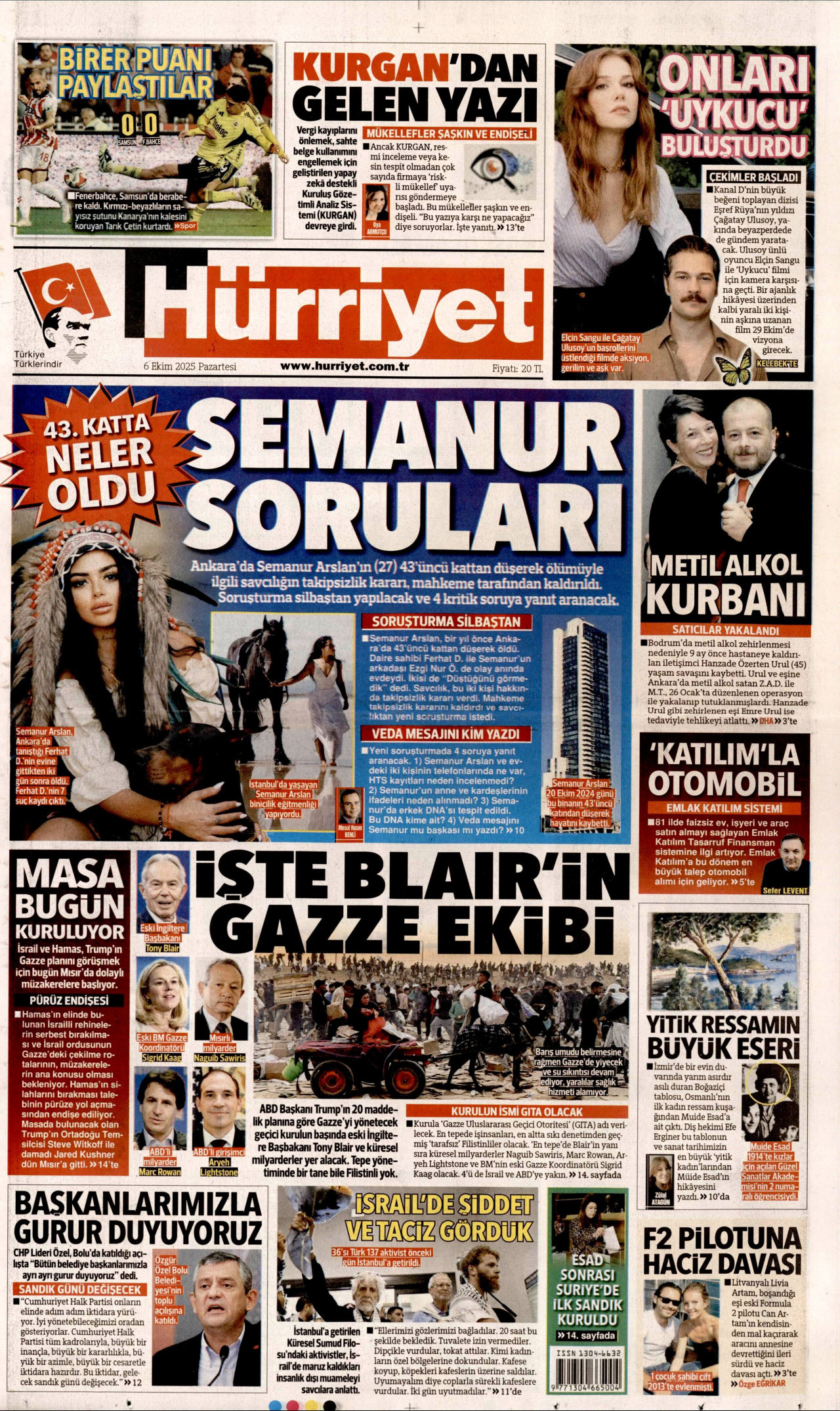 HÜRRİYET gazetesinin 6 Ekim 2025 tarihli birinci sayfası