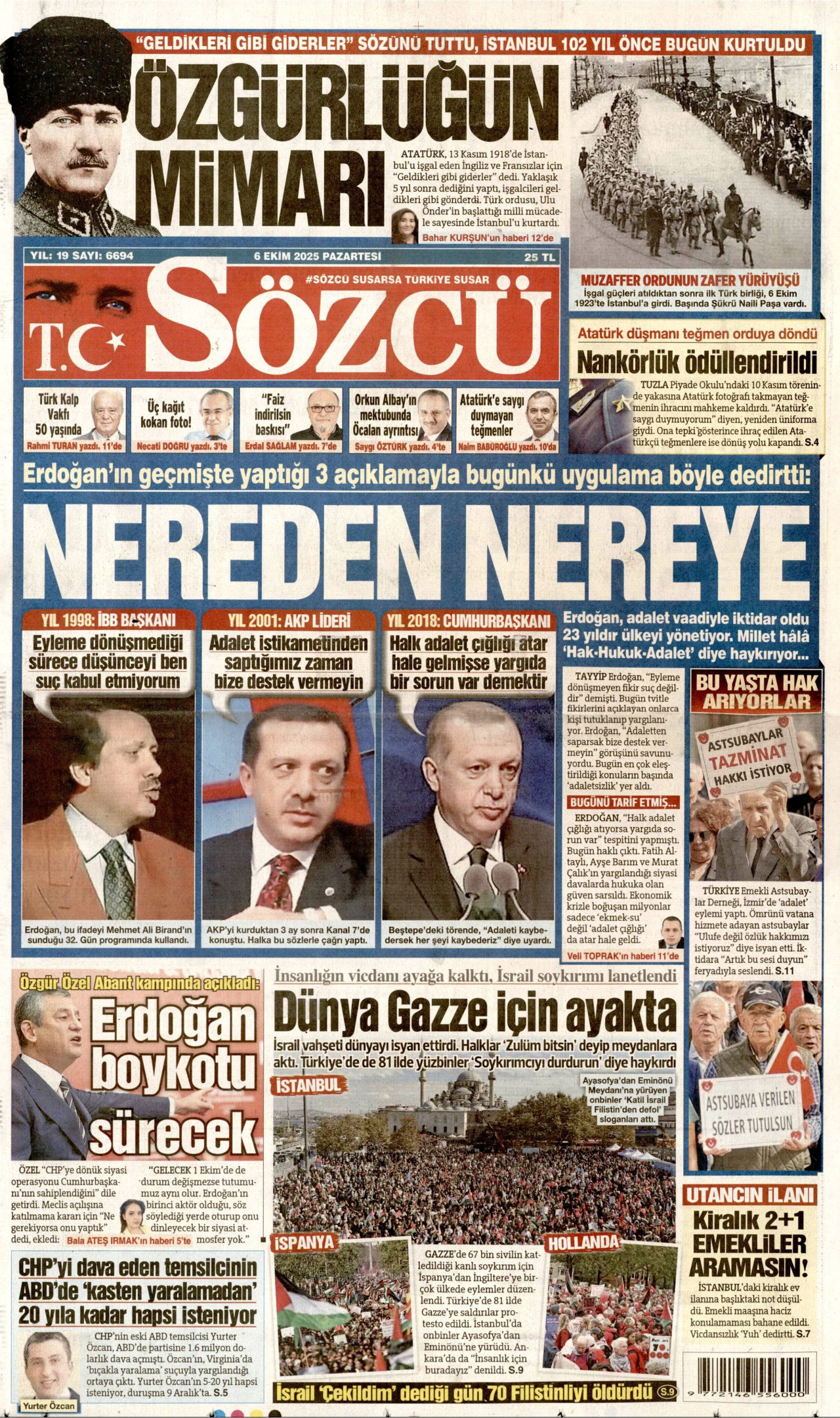 SÖZCÜ gazetesinin 6 Ekim 2025 tarihli birinci sayfası