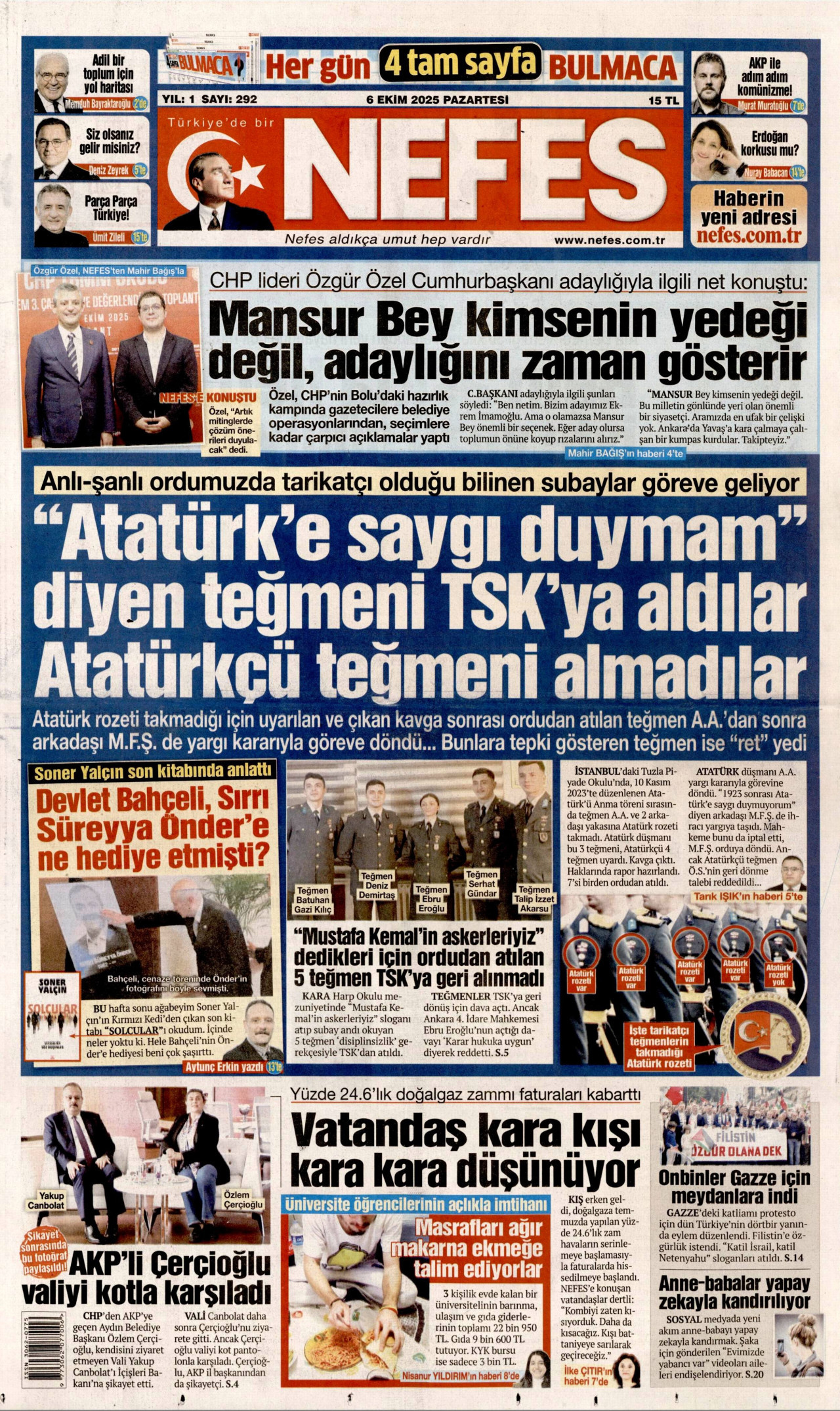 NEFES gazetesinin 6 Ekim 2025 tarihli birinci sayfası