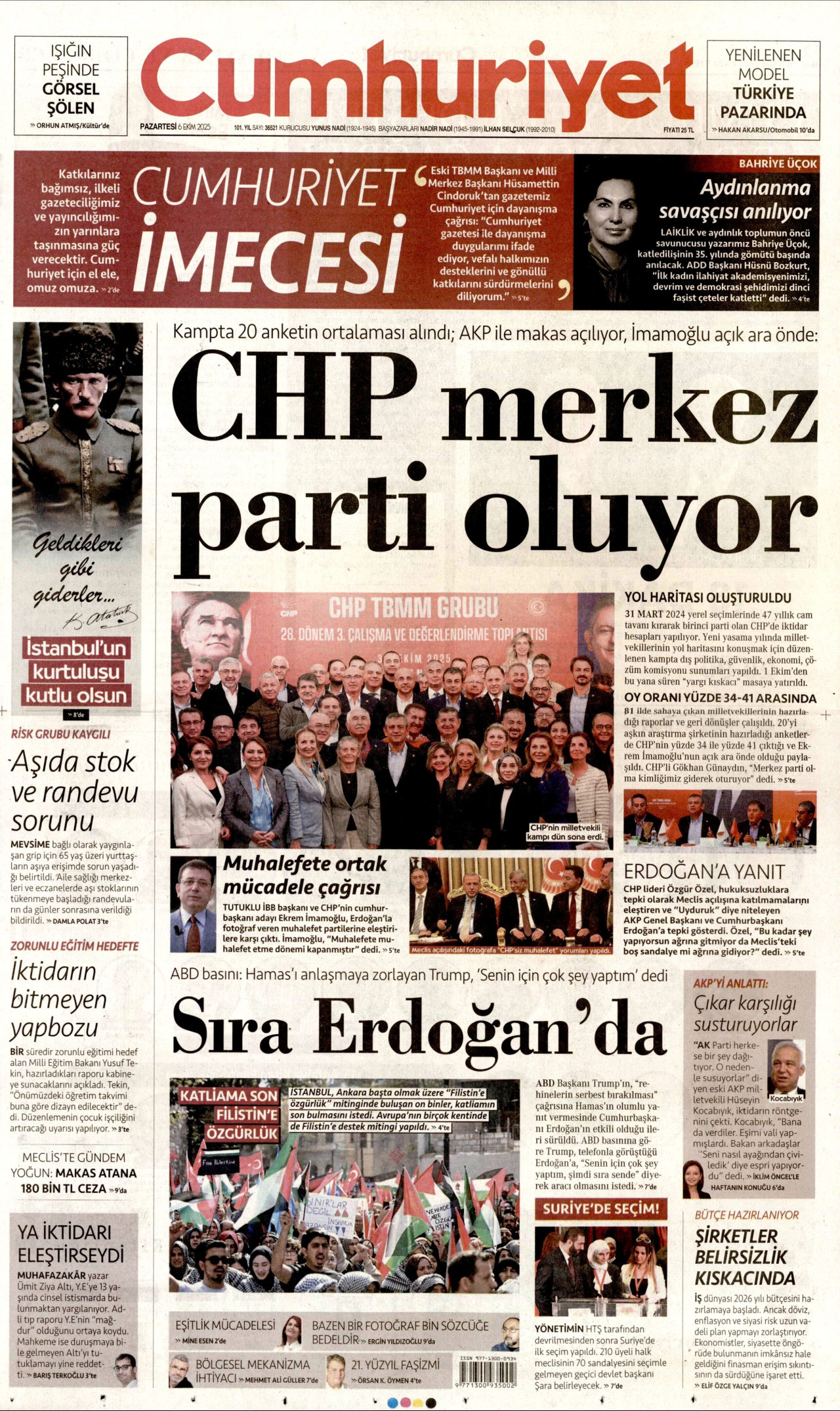 CUMHURİYET gazetesinin 6 Ekim 2025 tarihli birinci sayfası