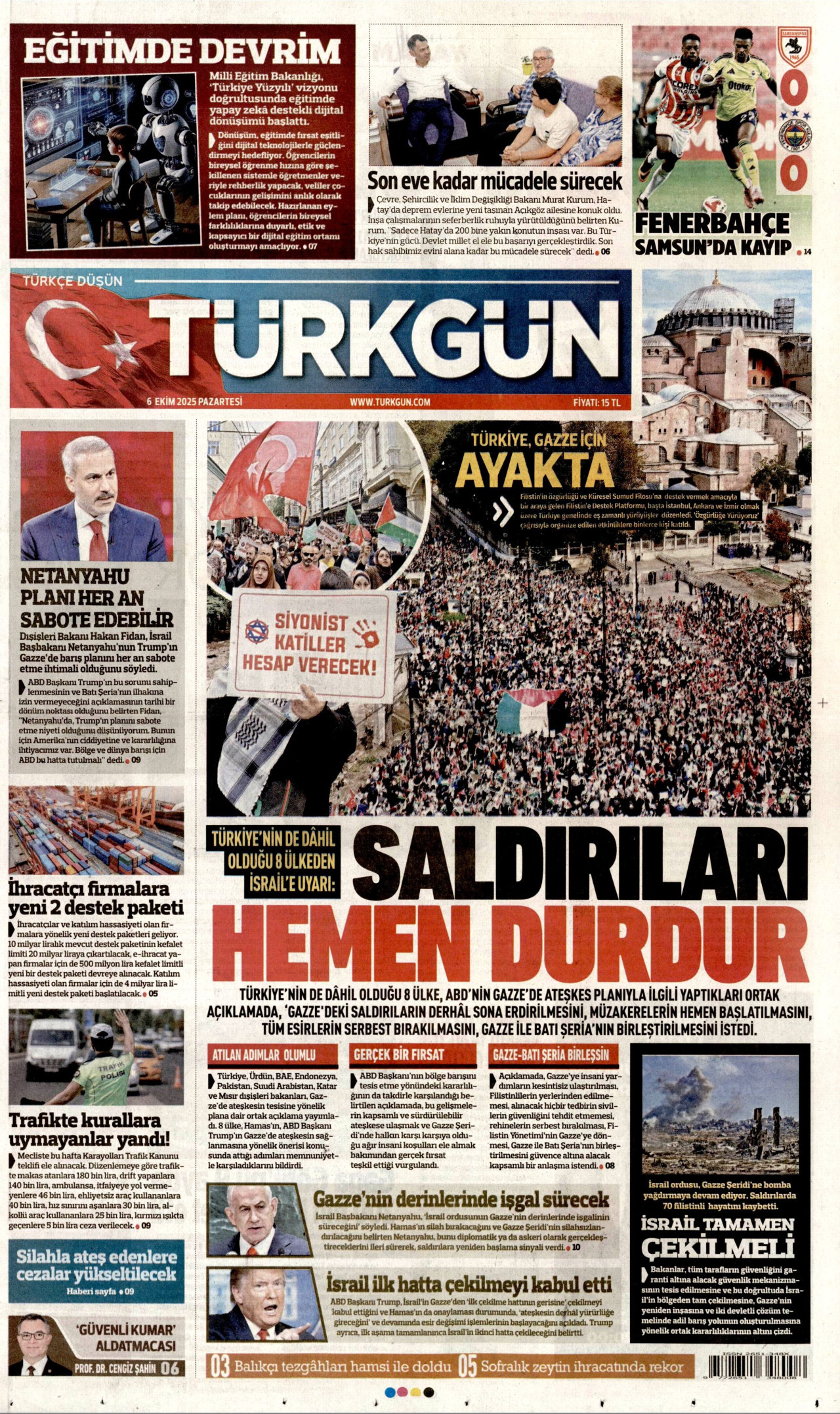 TÜRKGÜN gazetesinin 6 Ekim 2025 tarihli birinci sayfası