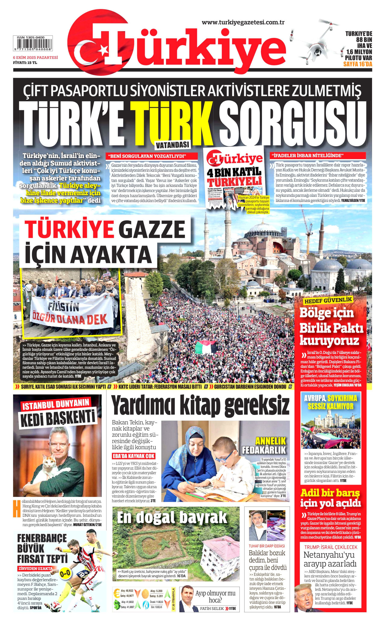 TÜRKİYE GAZETESİ gazetesinin 6 Ekim 2025 tarihli birinci sayfası
