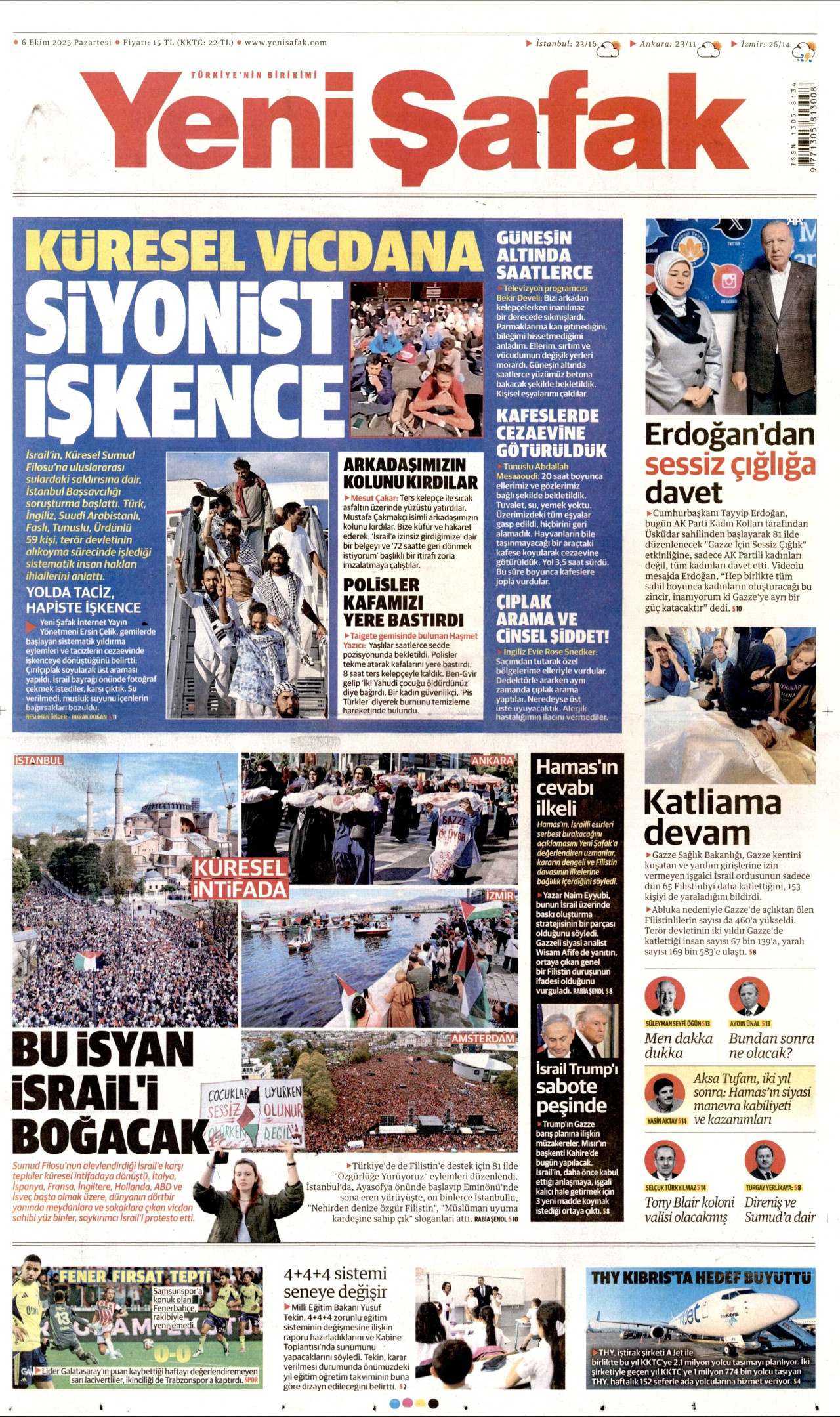 YENİ ŞAFAK gazetesinin 6 Ekim 2025 tarihli birinci sayfası