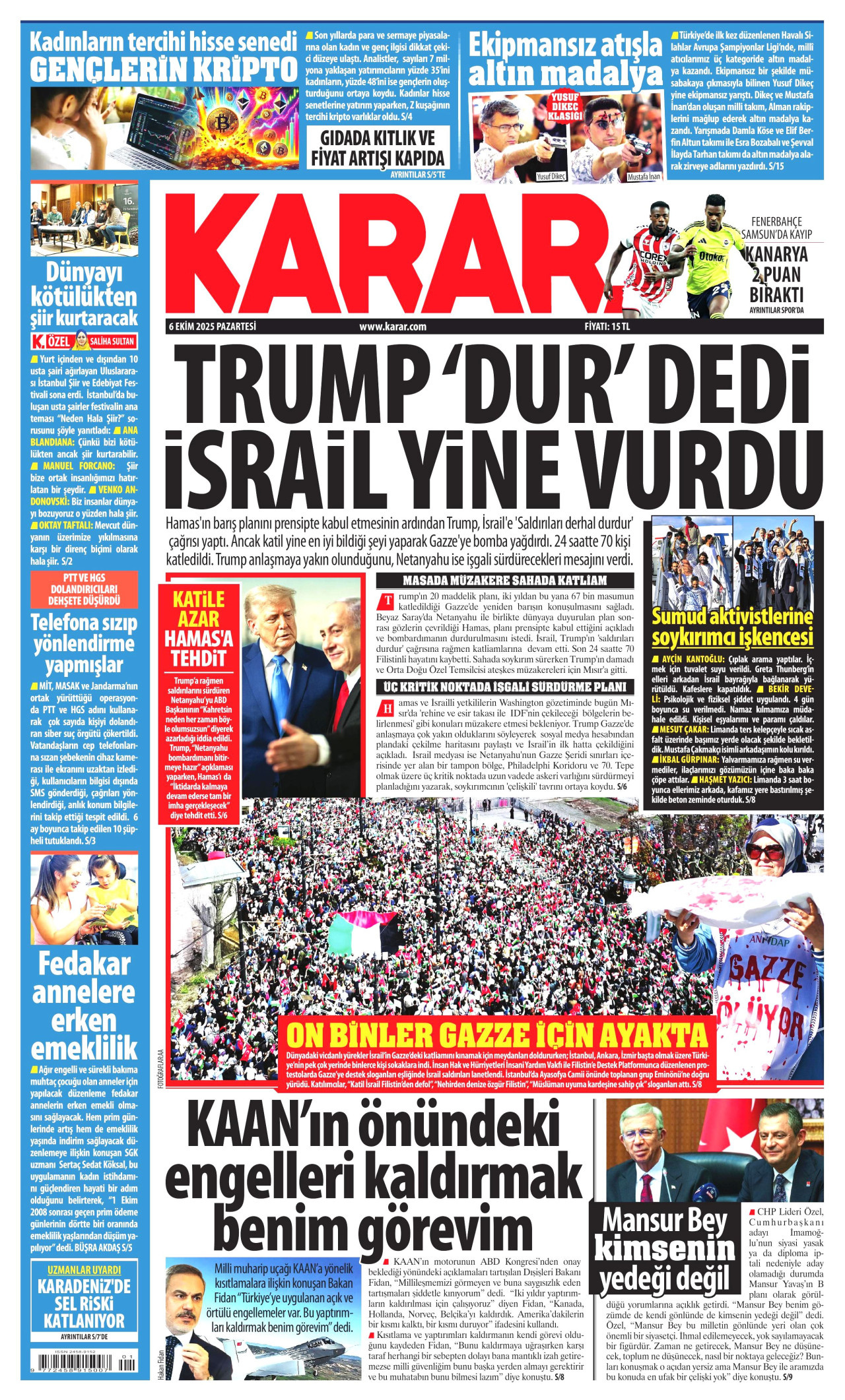 KARAR gazetesinin 6 Ekim 2025 tarihli birinci sayfası