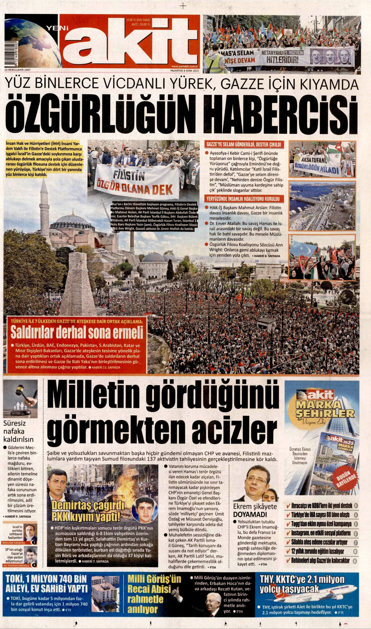 YENİ AKİT gazetesinin 6 Ekim 2025 tarihli birinci sayfası