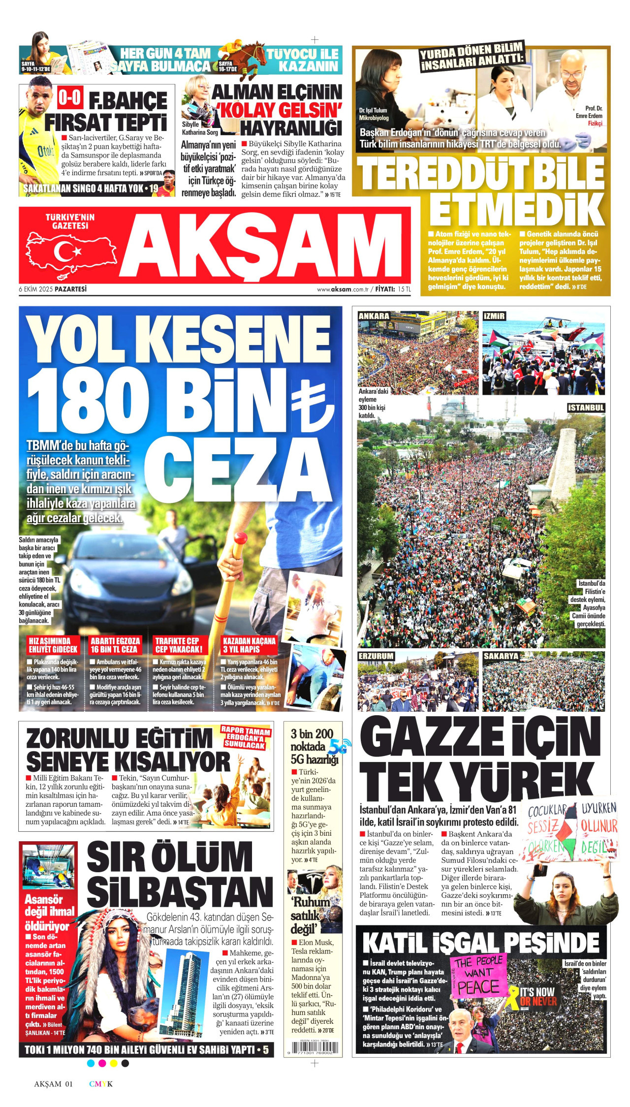 AKŞAM gazetesinin 6 Ekim 2025 tarihli birinci sayfası