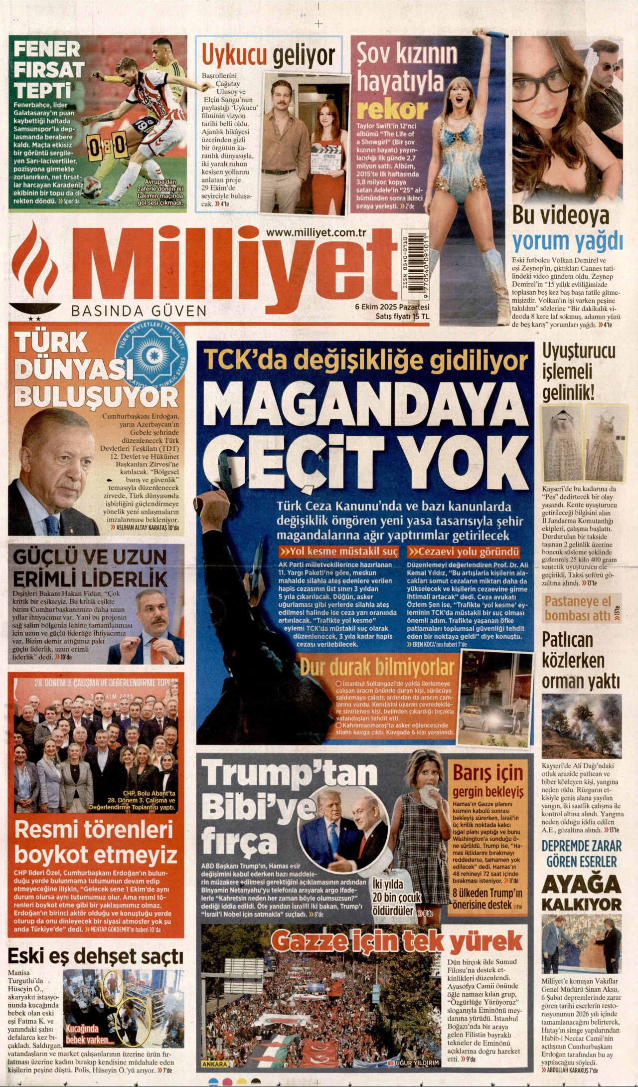 MİLLİYET gazetesinin 6 Ekim 2025 tarihli birinci sayfası