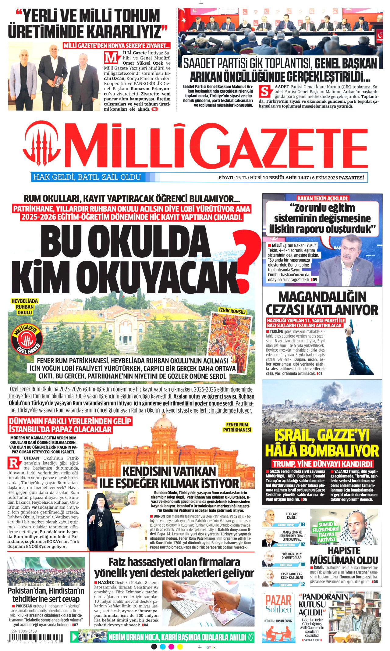 MİLLİ GAZETE gazetesinin 6 Ekim 2025 tarihli birinci sayfası