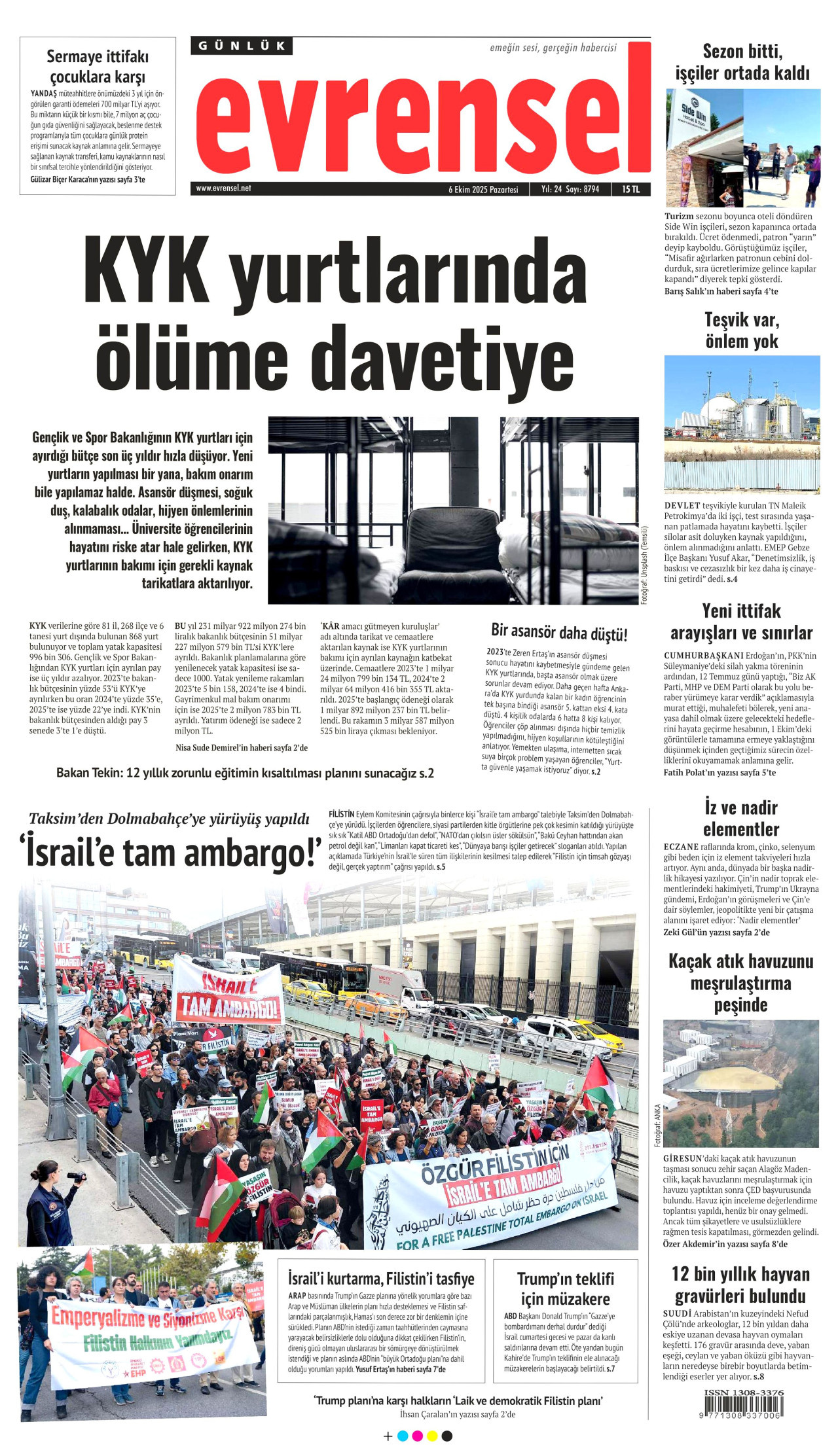 EVRENSEL gazetesinin 6 Ekim 2025 tarihli birinci sayfası