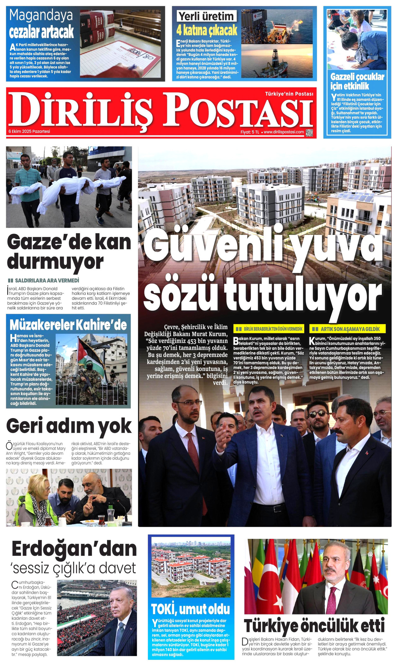 DİRİLİŞ POSTASI gazetesinin 6 Ekim 2025 tarihli birinci sayfası