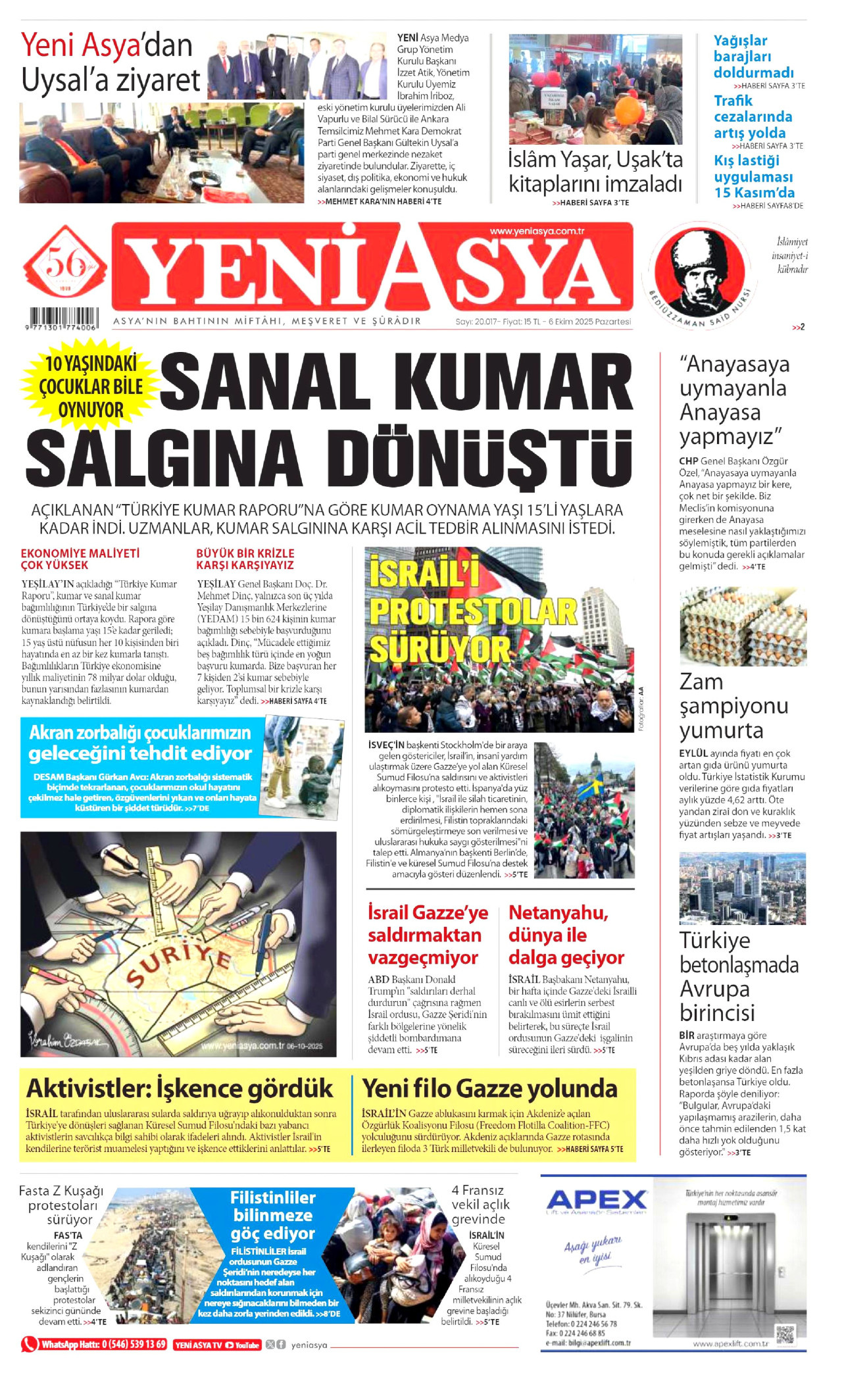 YENİ ASYA gazetesinin 6 Ekim 2025 tarihli birinci sayfası