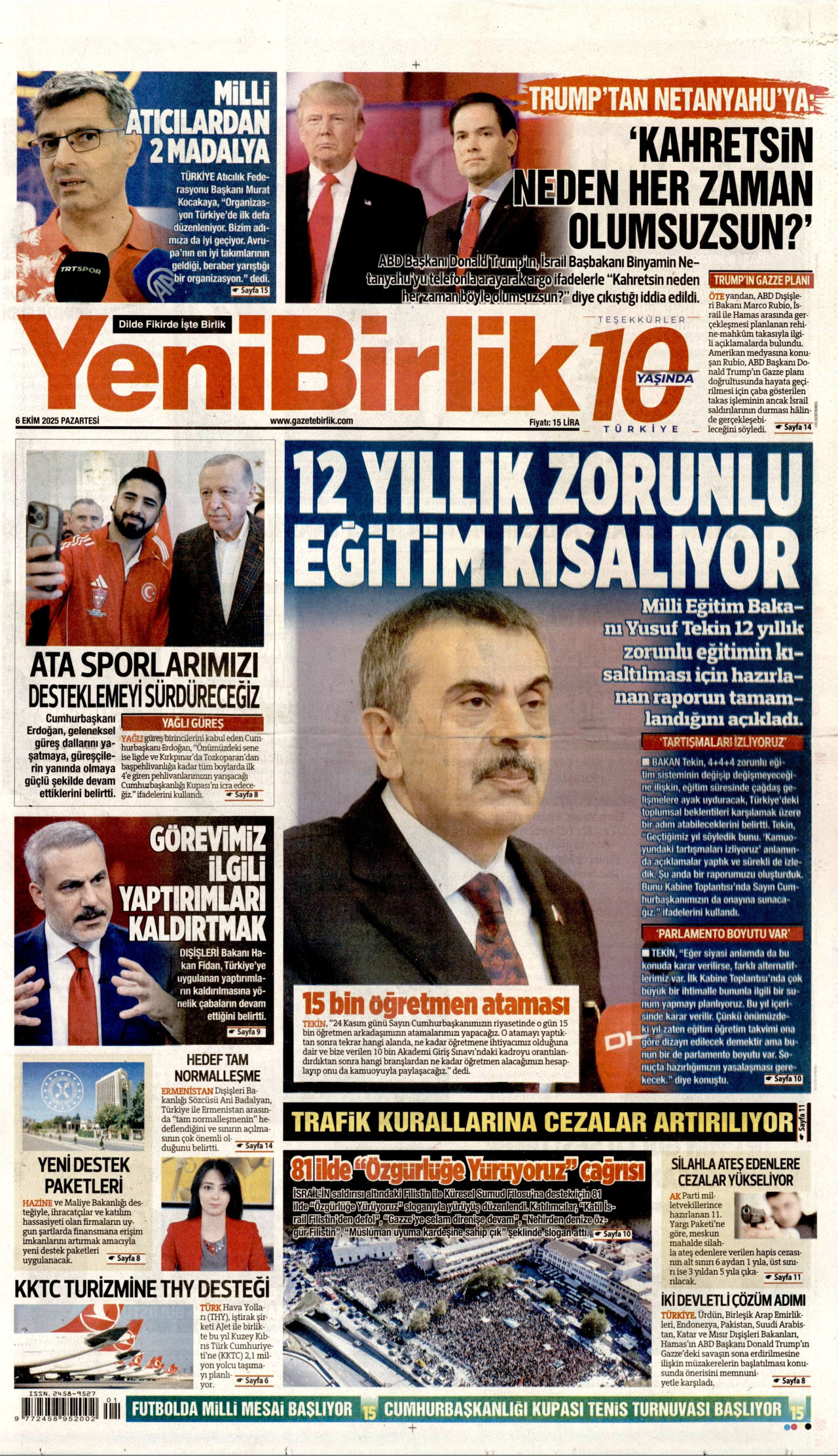 YENİBİRLİK gazetesinin 6 Ekim 2025 tarihli birinci sayfası