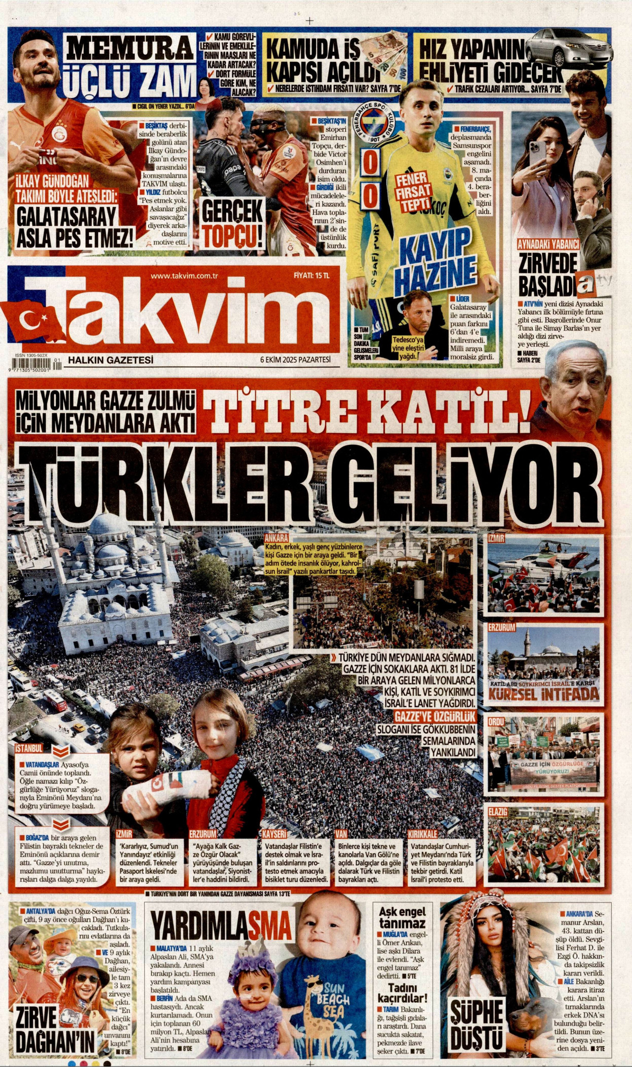 TAKVİM gazetesinin 6 Ekim 2025 tarihli birinci sayfası