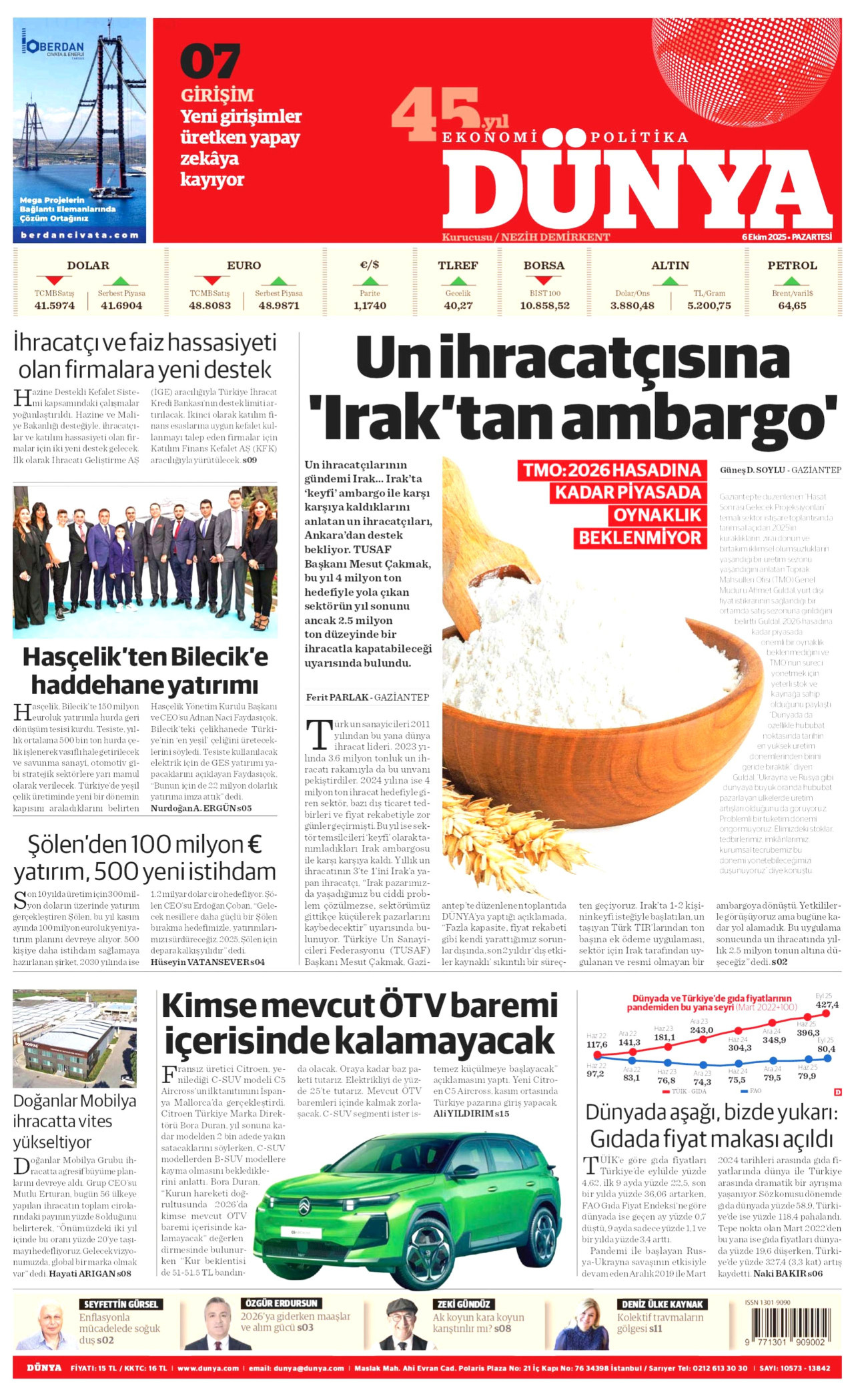 DÜNYA gazetesinin 6 Ekim 2025 tarihli birinci sayfası