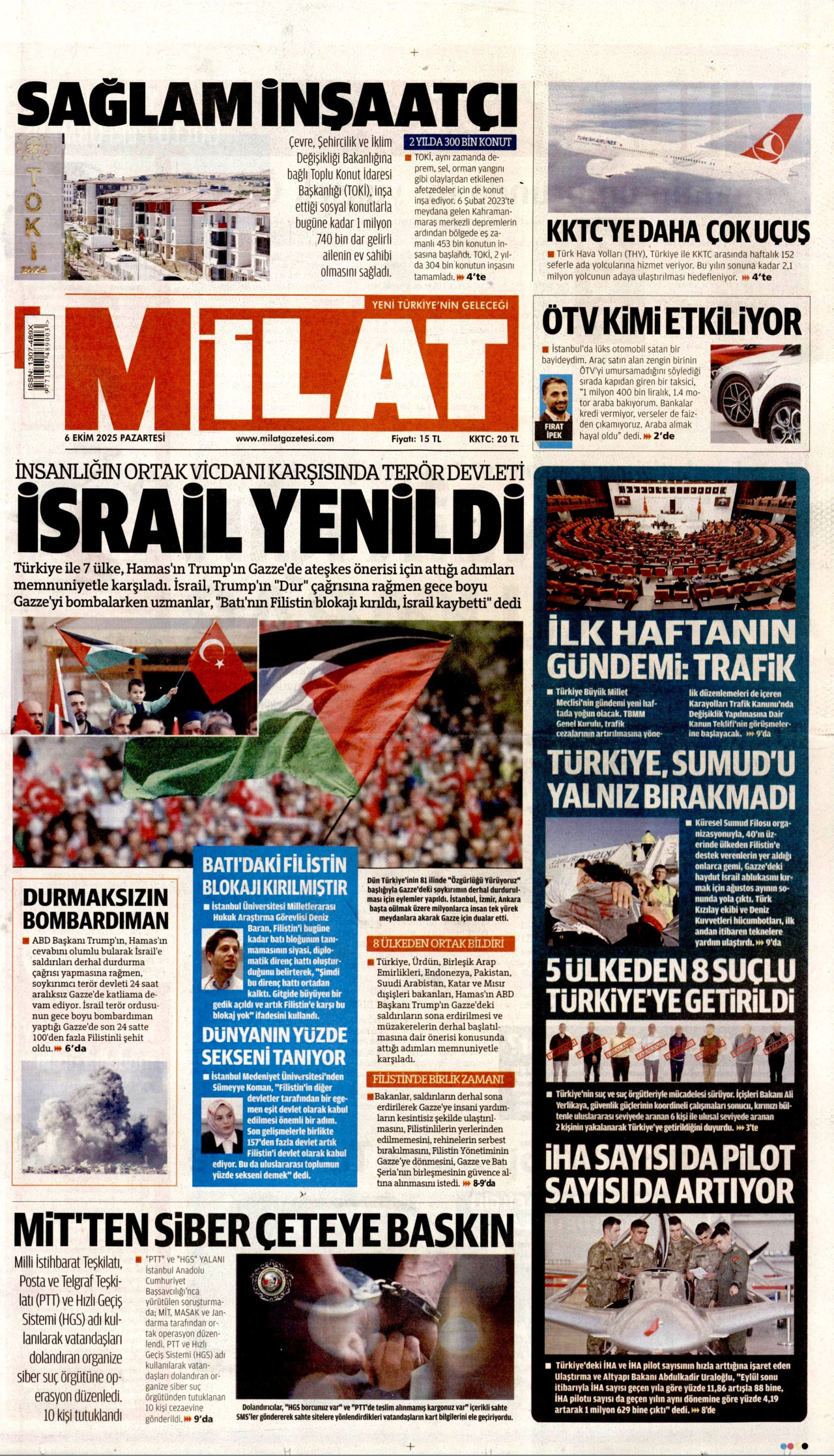 MİLAT gazetesinin 6 Ekim 2025 tarihli birinci sayfası
