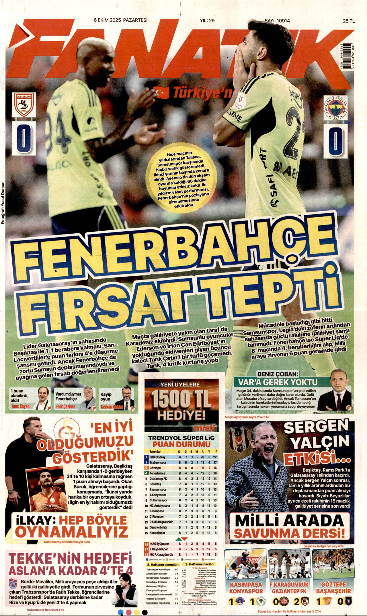 FANATİK gazetesinin 6 Ekim 2025 tarihli birinci sayfası