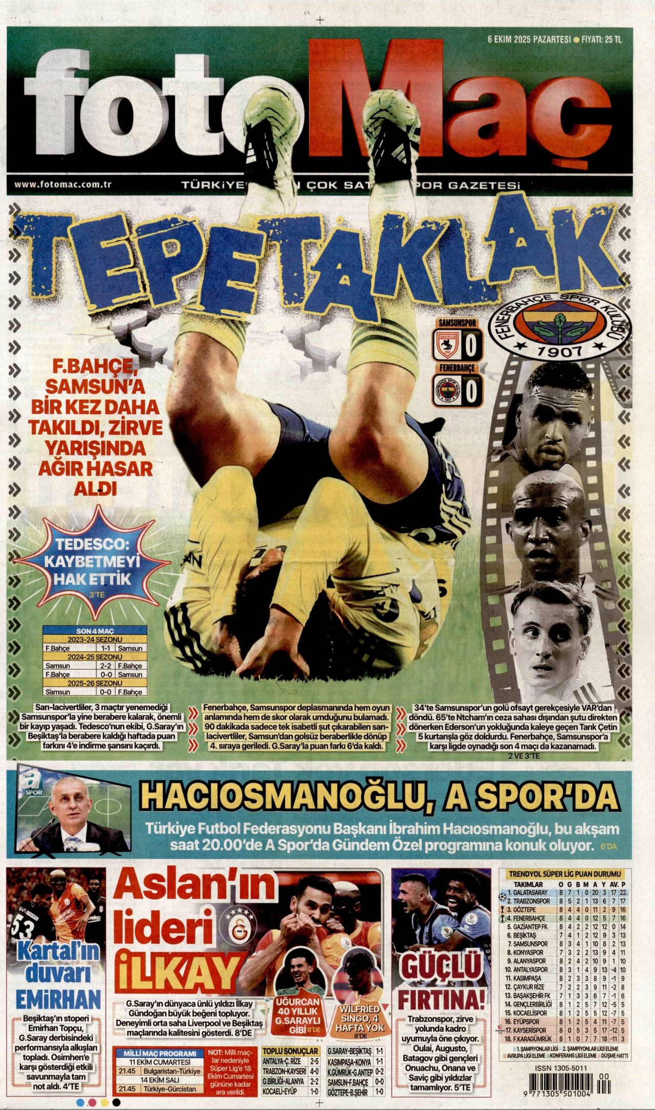 FOTOMAÇ gazetesinin 6 Ekim 2025 tarihli birinci sayfası