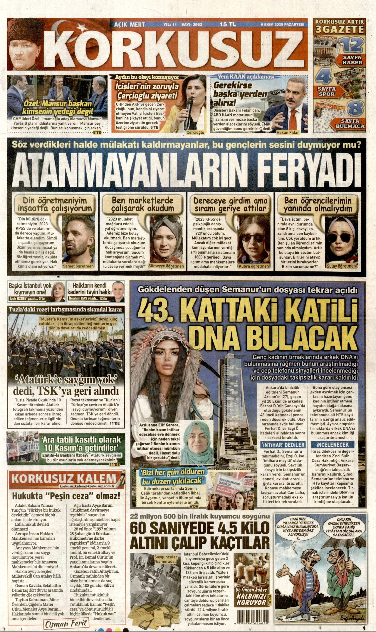 KORKUSUZ gazetesinin 6 Ekim 2025 tarihli birinci sayfası