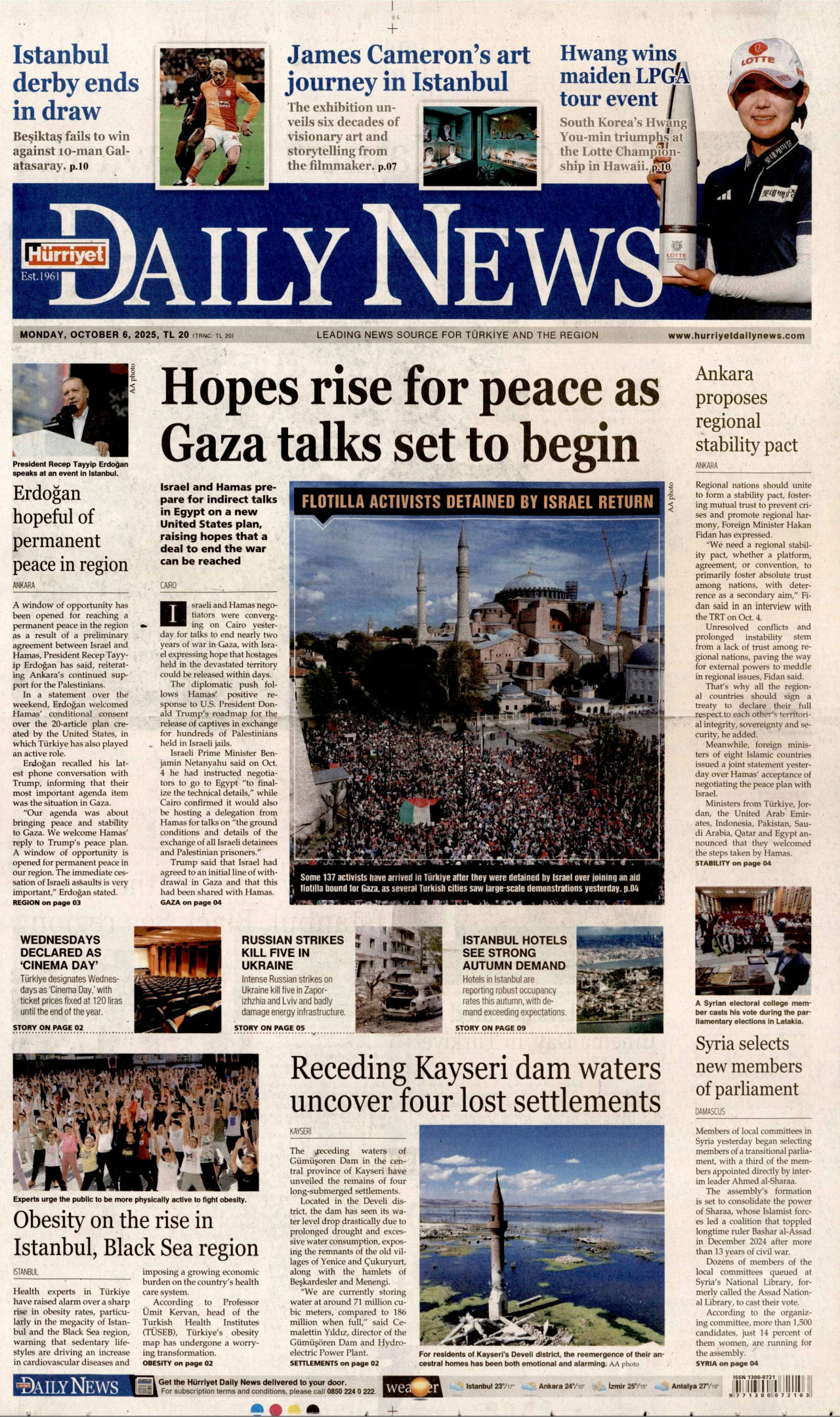 HÜRRİYET DAİLY NEWS gazetesinin 6 Ekim 2025 tarihli birinci sayfası
